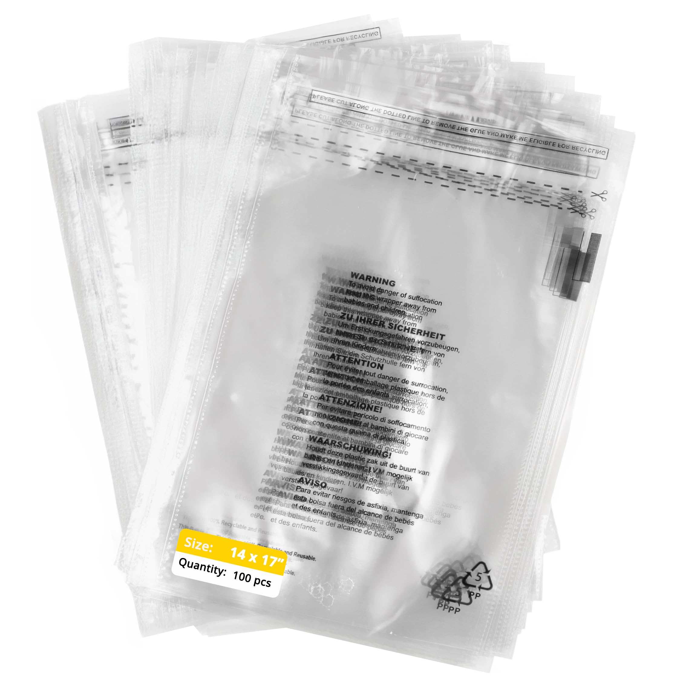 100 Pack 14 x 17" Clear Self Seal Poly Bags with Suffocation Warning, Clear OPP Bag 355 x 430mm, Transparent Poly Bags for Clothing, Garment & Packaging Use
