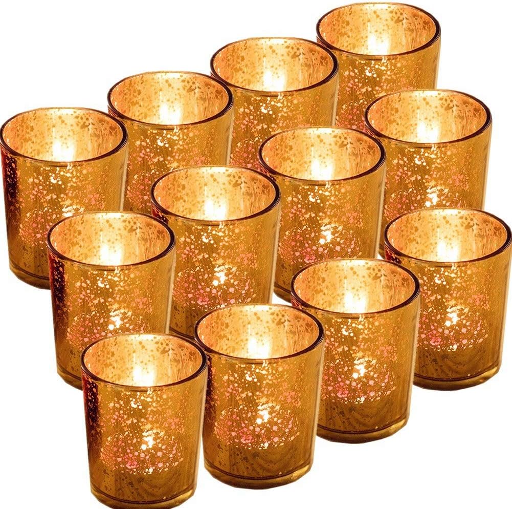 12 Pack Speckled Gold Votive Candle Holders,Mercury Glass Tealight Candle Holders 2.67" H for Home, Parties, and Wedding Decor(Gold)-Tea Light Candles not Included