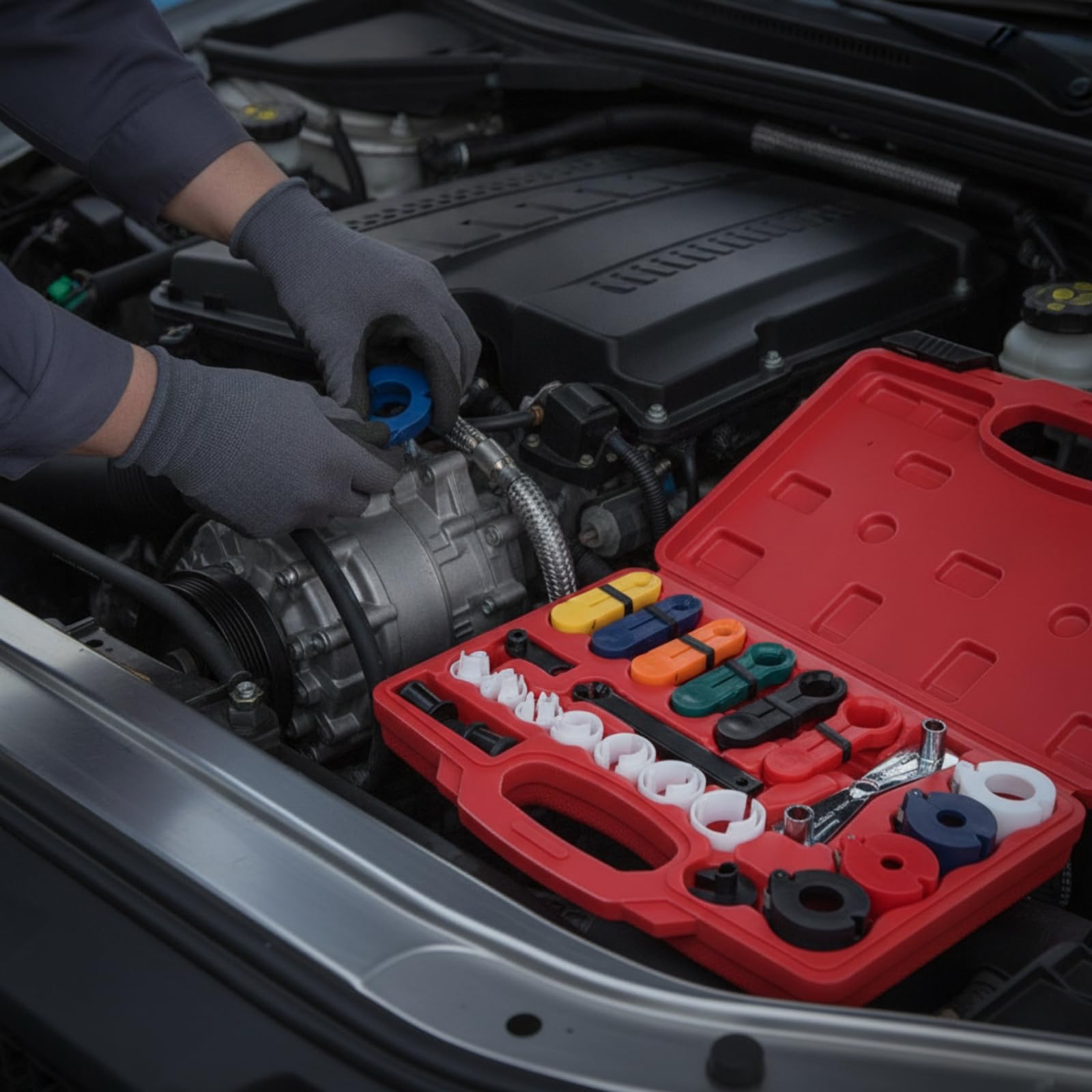 KESOTO Juego de Desconexión Automotriz Kit de Herramientas para Conexiones Adaptadores de Desenganche Llave de Ajuste Estuche Portátil con Compartimentos, Negro, Modelo De Acero Plástico
