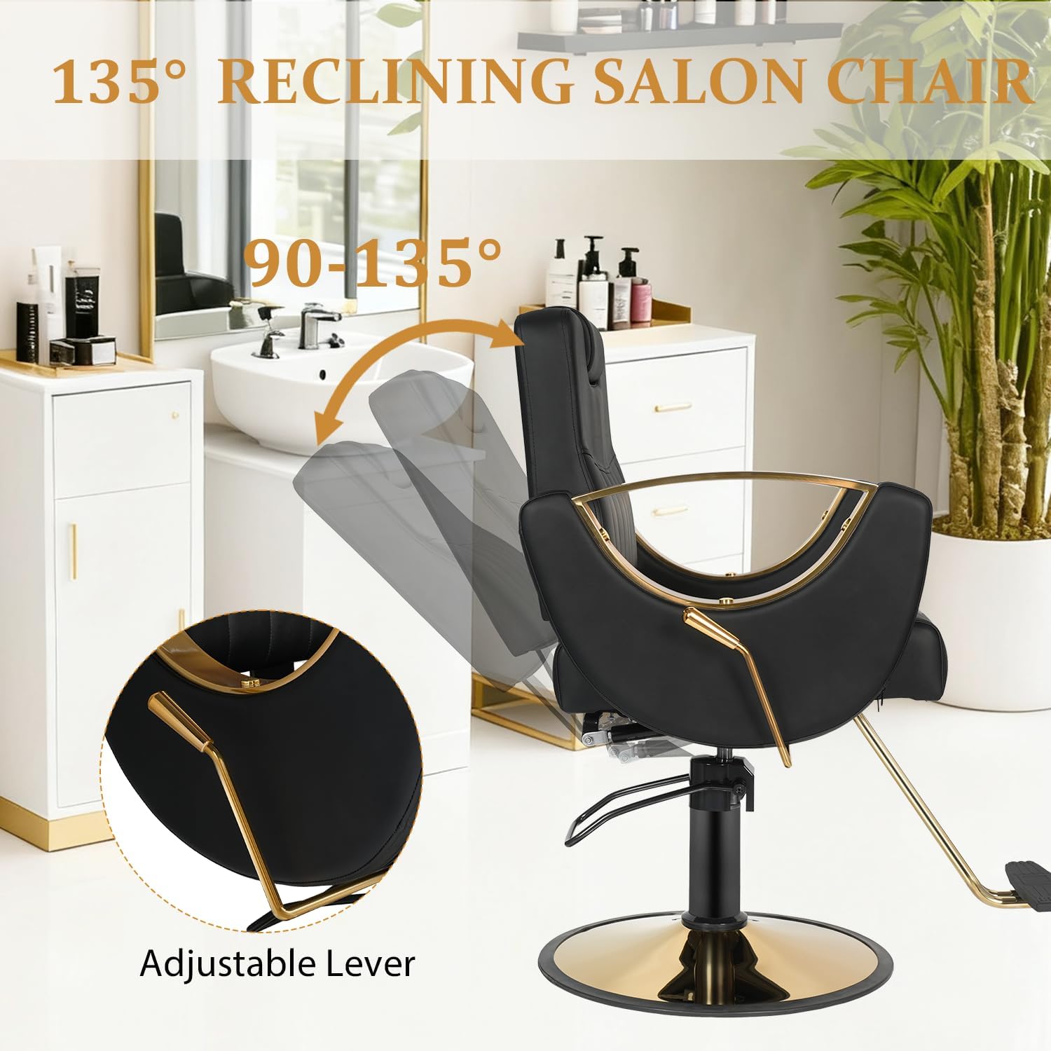 Reclining Salon Barber Chair with Hydraulic Pump, Adjustable Headrest, Hair Chair for Hair Stylist Spa Shampoo Chair for Barbershop Home, Beauty Salon, Spa or Tattoo Studio, Dark Black