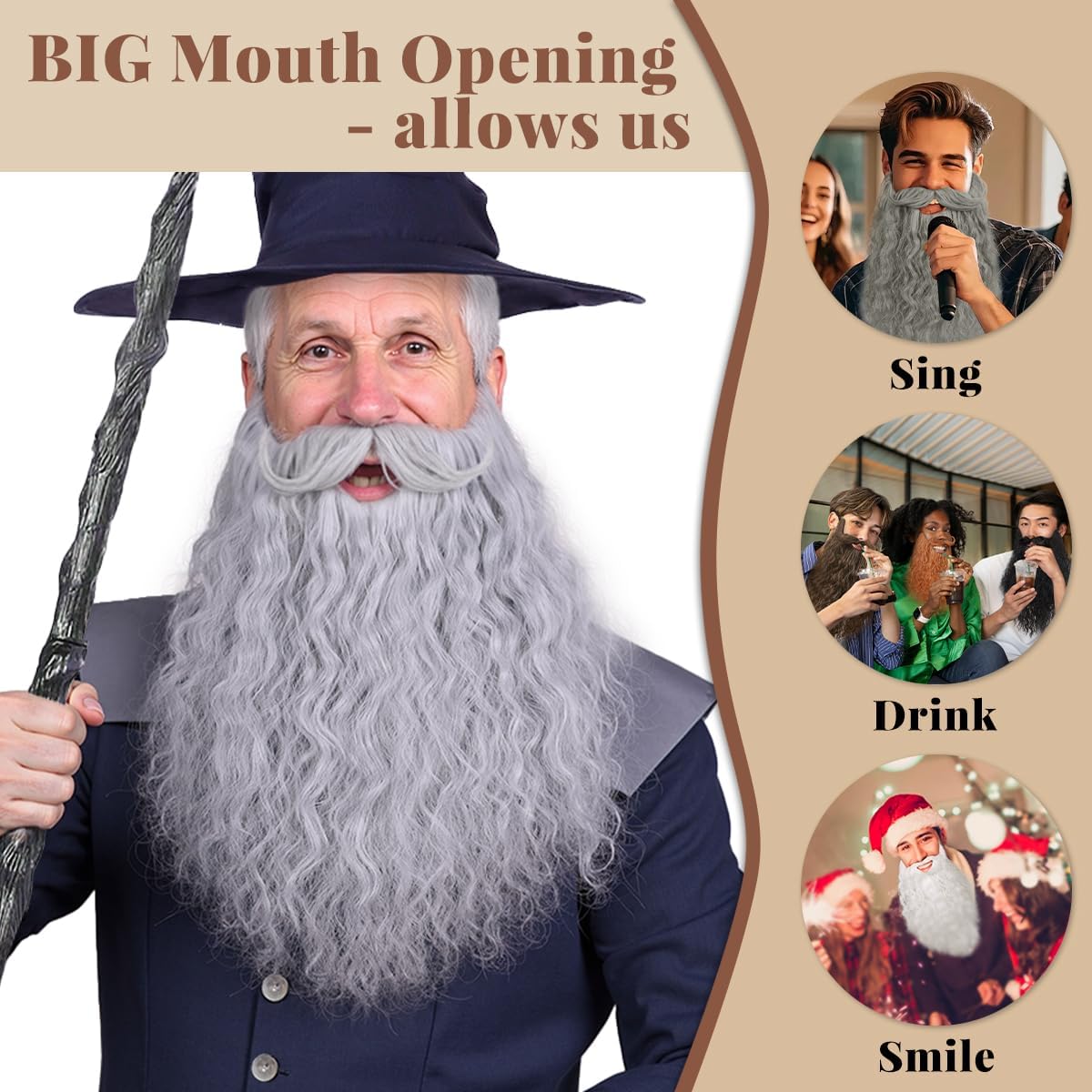 45cm Long Fake Beard Costume for Halloween, Wizard Cosplay Realistic Fake Mustache and Beard Accessories for Adults