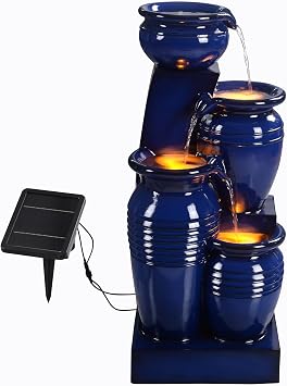 Teamson Home 28.74" 4-Tier Cascading Bowl Solar Powered Water Fountain for Outdoor Living Spaces, Navy | Solar-Powered, LED Lights, For Gardens, Landscaping, Patios, Balconies, Lawns