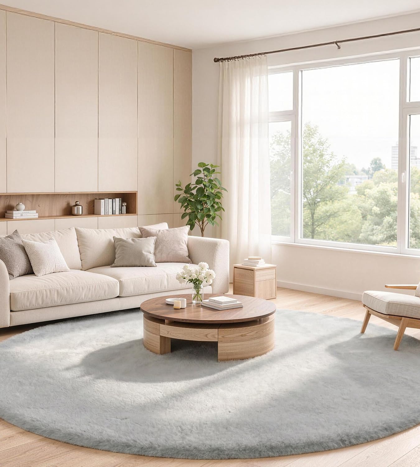 ROHATIM Teppich Rund 120 cm Grau, Flauschiger Kunstfell Teppich in Kaninchenfell-Optik, Ultraweich & rutschfest, Waschbares Deko-Fell für Wohnzimmer und Schlafzimmer