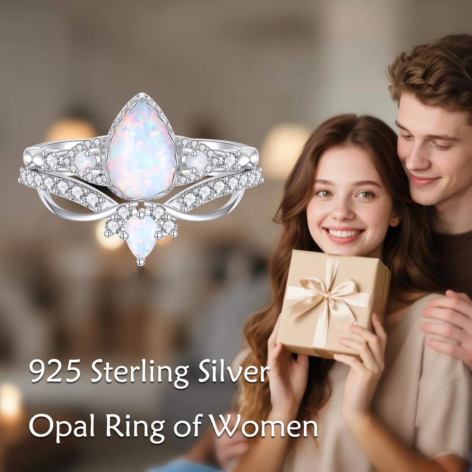 Genuine Opal Engagement Rings for Women 1.5ct Pear Shaped Opal Ring Set 925 Sterling Silver Wedding Ring Set Vintage 2pcs Anniversary Promise Ring For Her