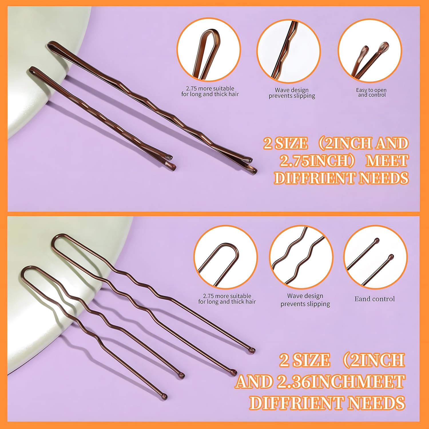 500 Pezzi Forcine per Capelli Mollette per Capelli U Fermagli per Capelli 2" 2.36", Bobby Pins 2" 2.75", Cerchietti Trasparenti per Capelli con Scatola Di Stoccaggio per Acconciature da Donna(marrone)