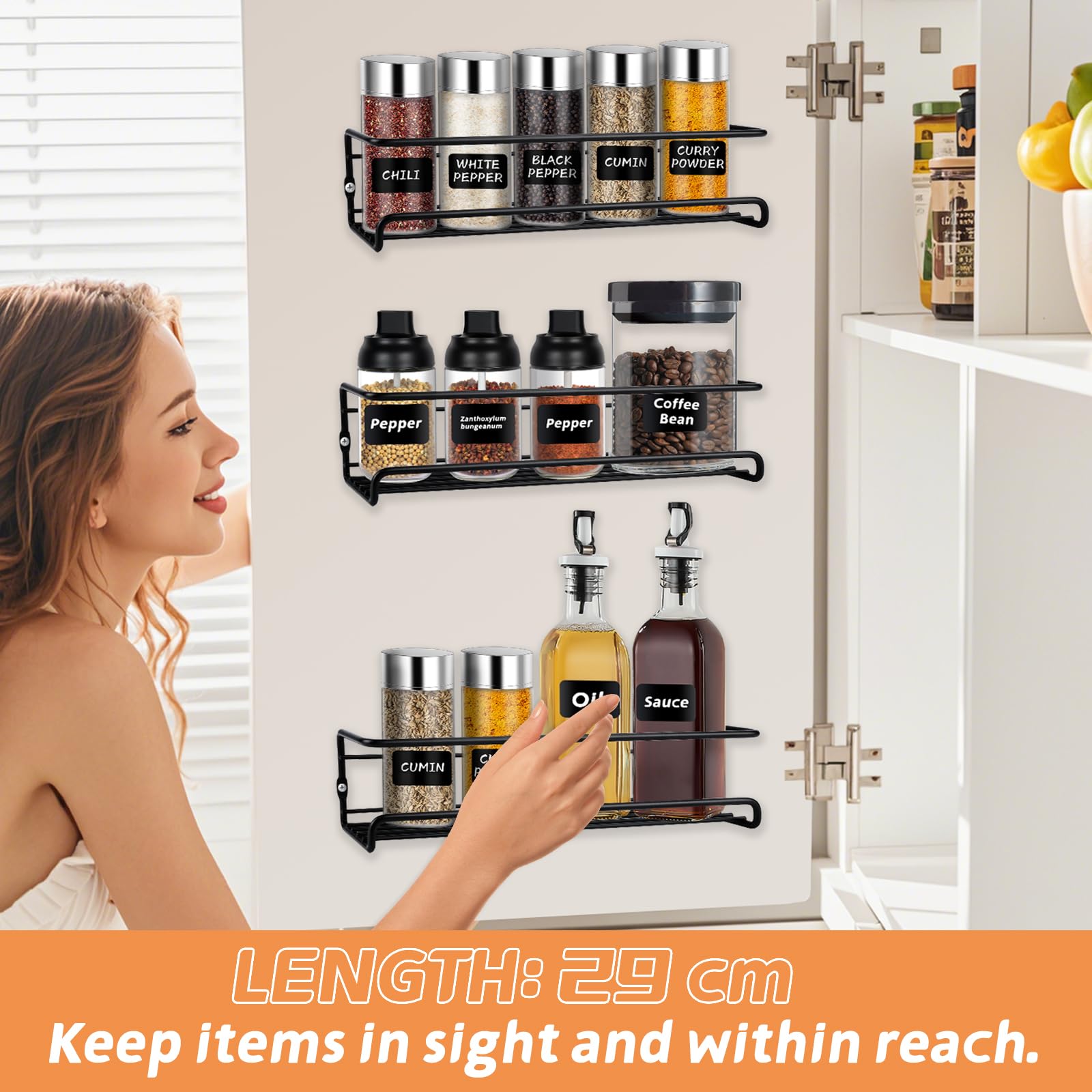 2 Pezzi Porta Spezie Da Appendere - 29x6.8x6.5cm, Nero, Con Ganci Autoadesivi E Viti, Per Cucina E Bagno - Foto 7