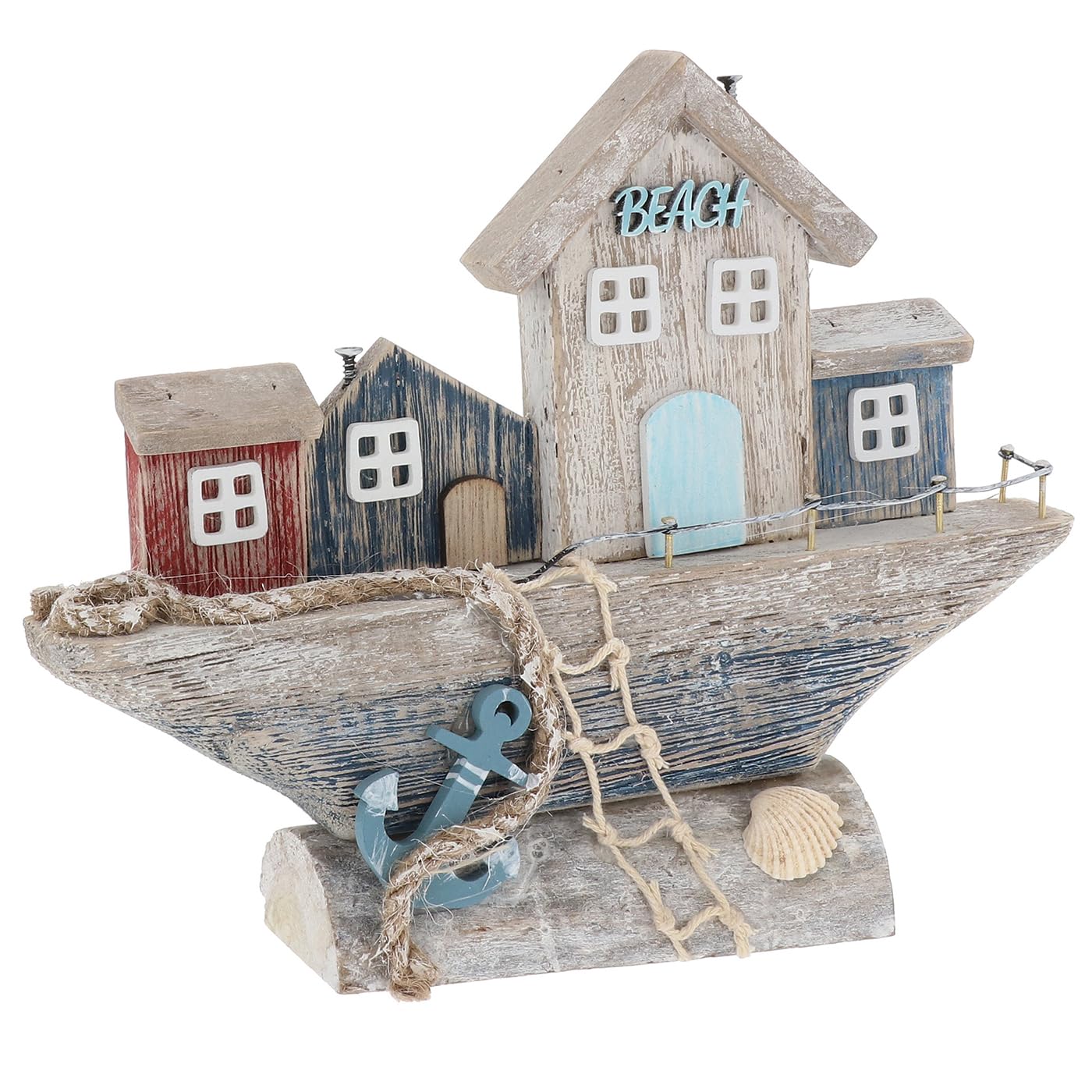 Shudehill Giftware Multicolour Sandy Bay Standing Beach House Ornament Decoration - Beach Rustic Themed Design With Lighthouse, Anchor, Log House And More (Boat Street)
