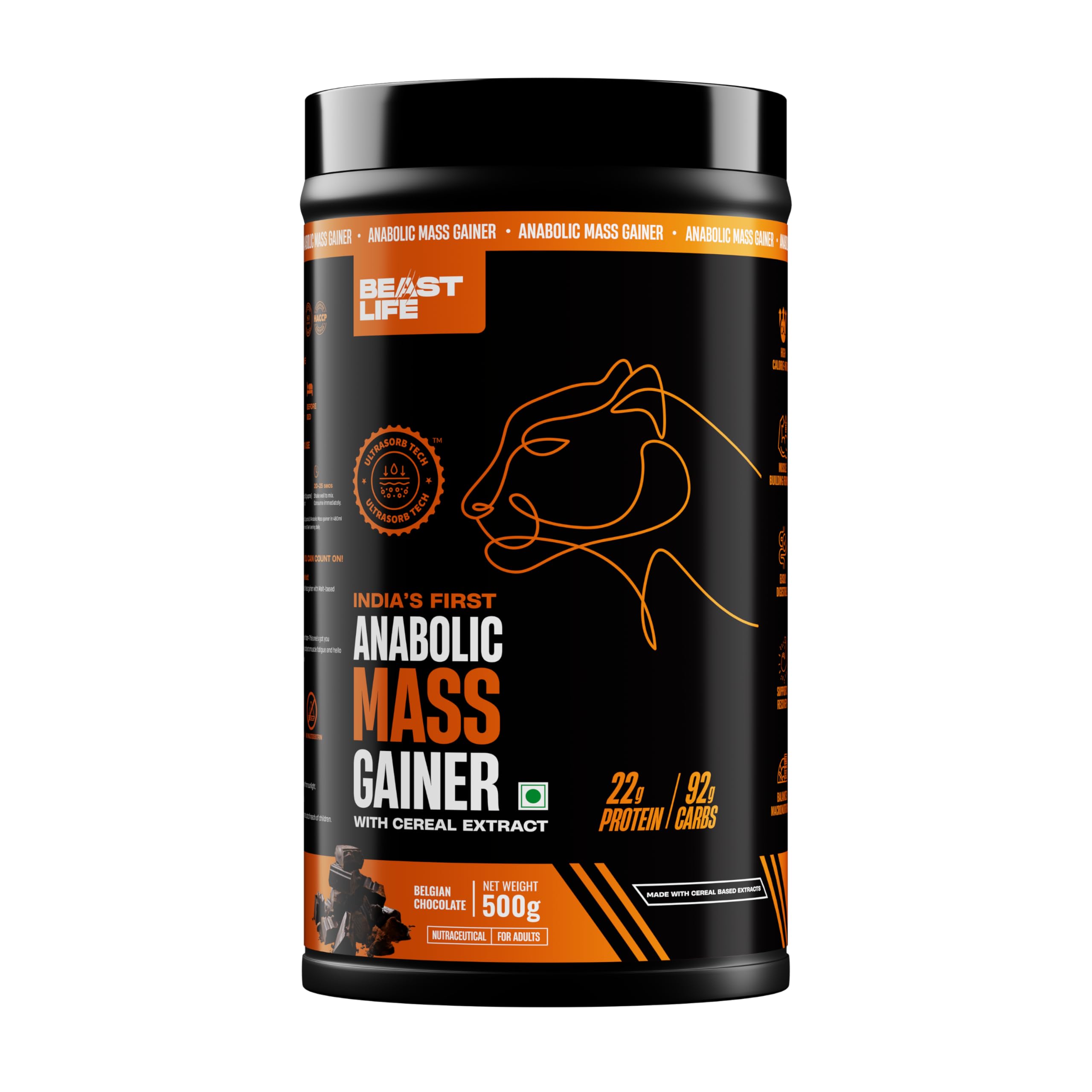 BeastLife Mass Gainer 500g Belgian Chocolate, High Protein & Calorie Cereal-Based Formula, No Maltodextrin | India's #1 Cereal Based Bulk Gainer | For Muscle Gain & Weight Gain