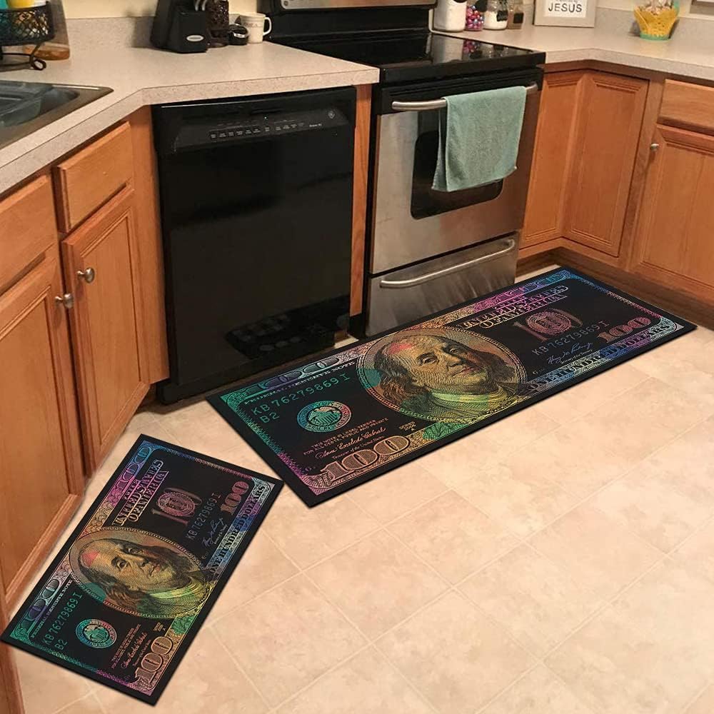 Colorful Money Rugs 100 Dollar Bill Kitchen Rugs Laundry Room Rug Non-Slip Rubber Indoor Outdoor Rugs for Hallway Living Room Bedroom Dining Room Bathroom Mudroom Room Decor 17.5"x29"+17.5"x59"