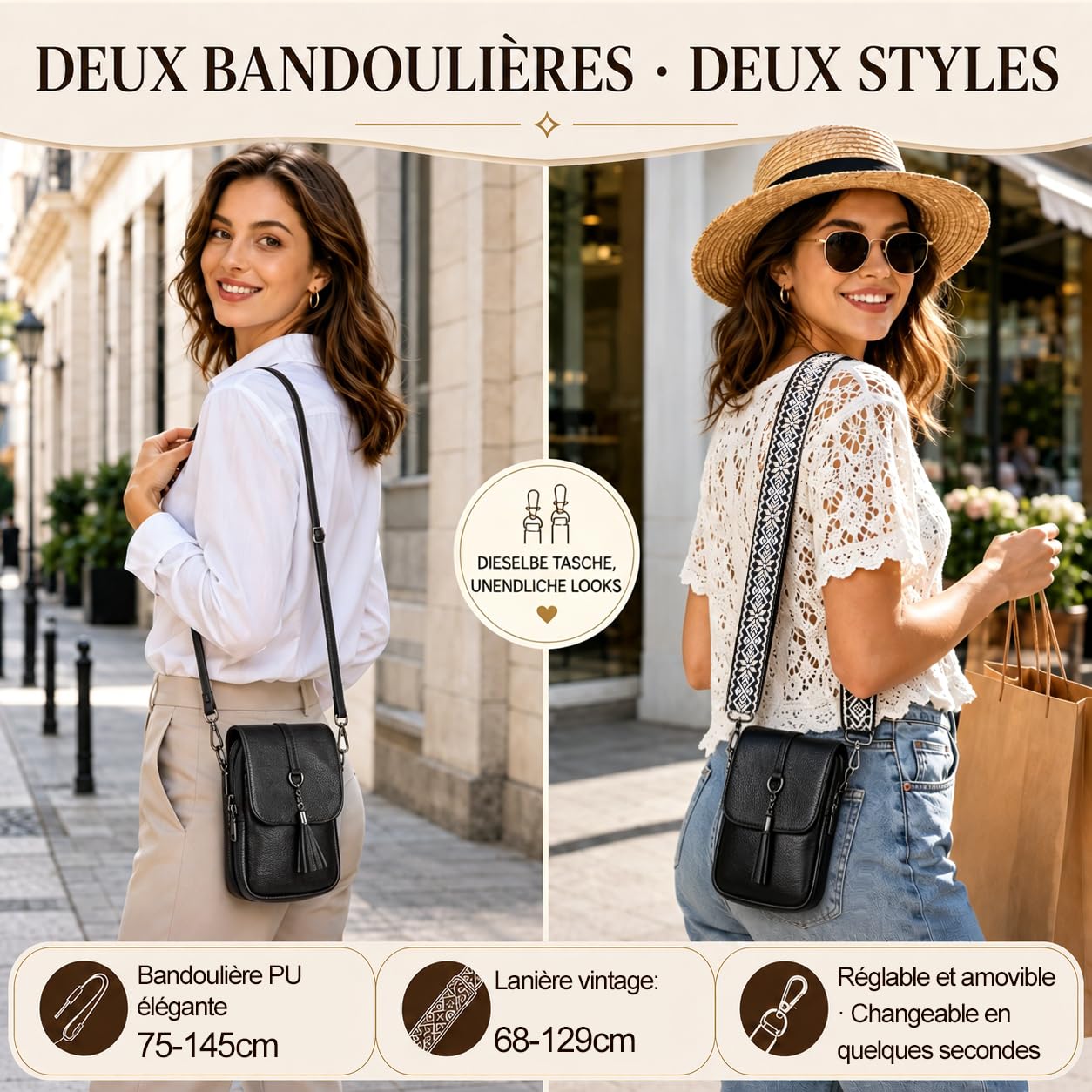 Sac Bandoulière Femme Cuir Véritable avec Protection RFID, Pochette Téléphone Portable Antivol & Élégant — Livré avec Deux Bandoulières