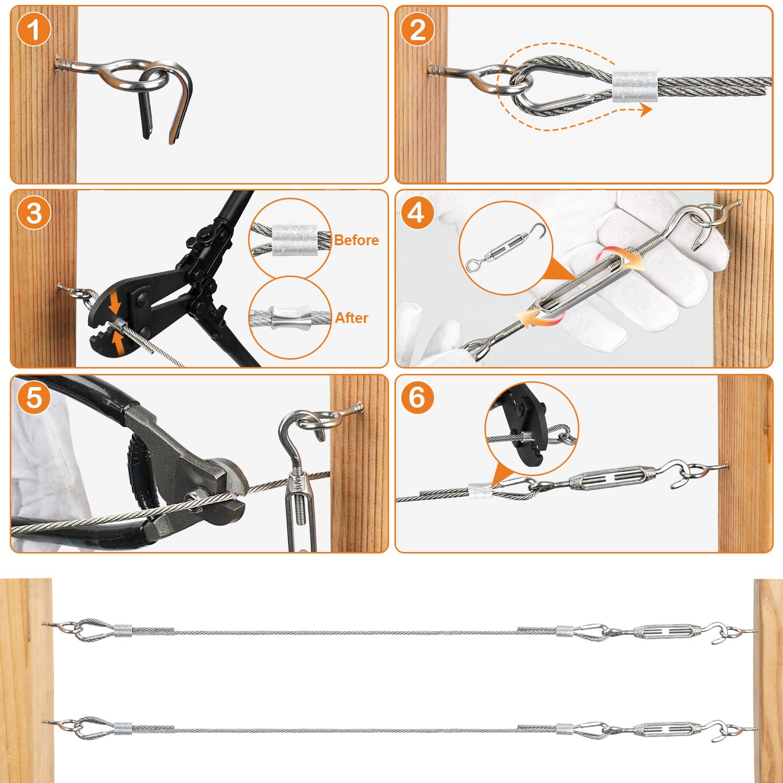 TooTaci Kit Fune Metallica con Pinza di Crimpatura 3 mm, 30 m Cavo in Acciaio con Crimpatrice e Tagliacavo, Filo Metallico per Grigliati, Stendibiancheria, Luci Decorative e Tende