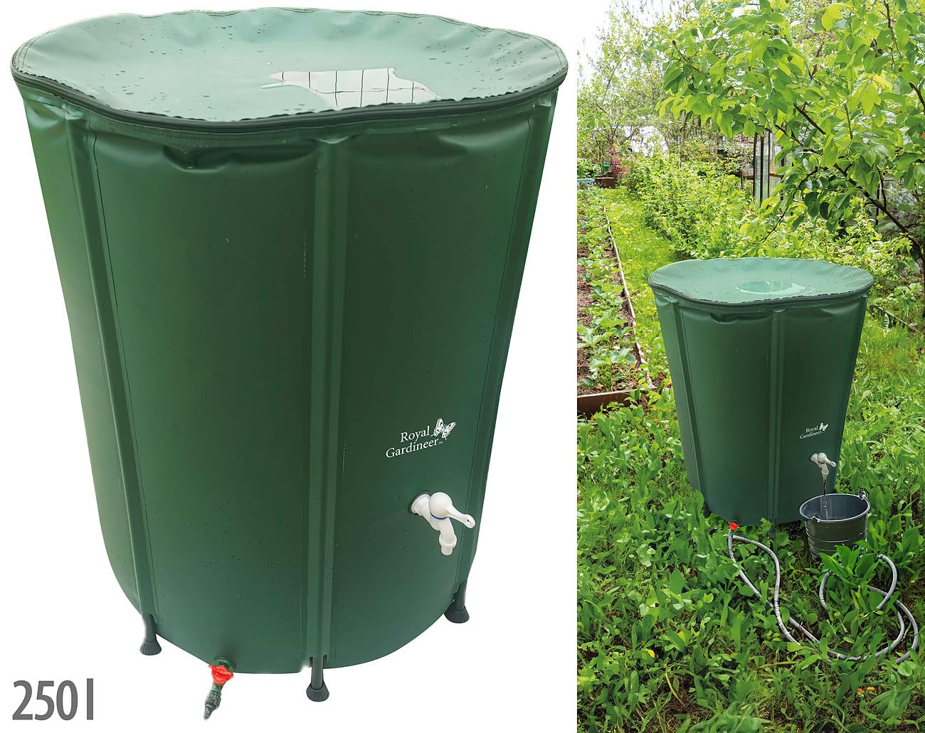 Royal Gardineer Składany zbiornik na deszczówkę z pokrywą, 250 l, PVC 620 GSM, przyłącze węża