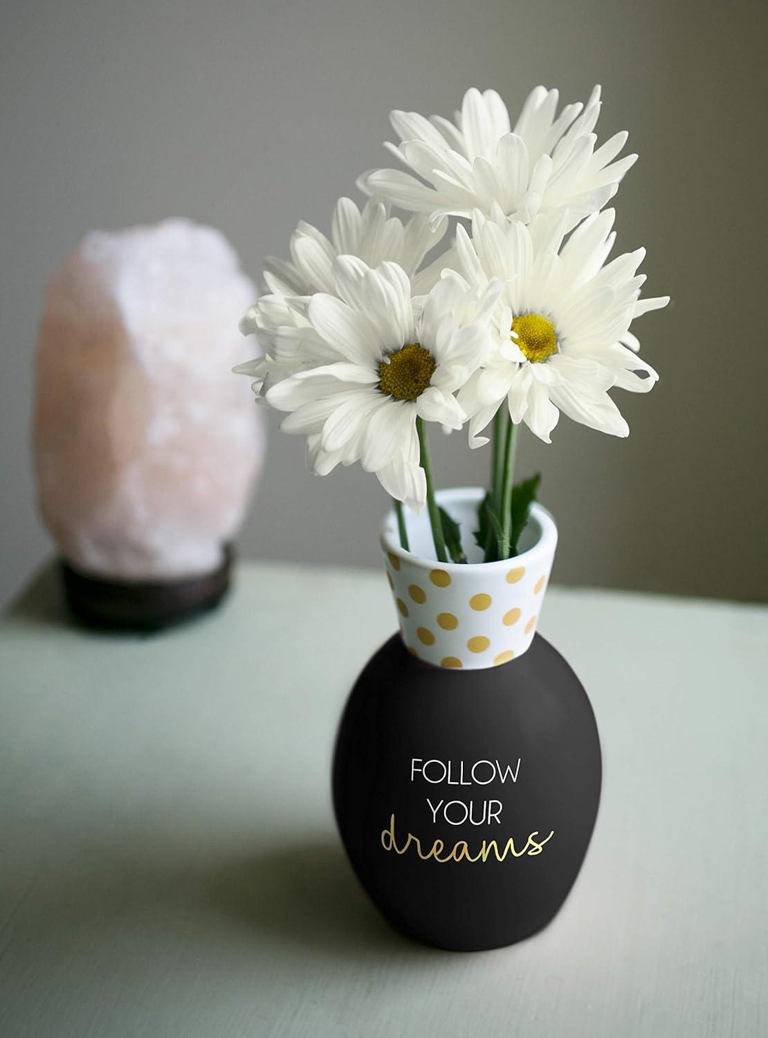 Pavilion - Follow Your Dreams - Black & Gold Polka Dot 6.5 Inch Matte Flower Vase