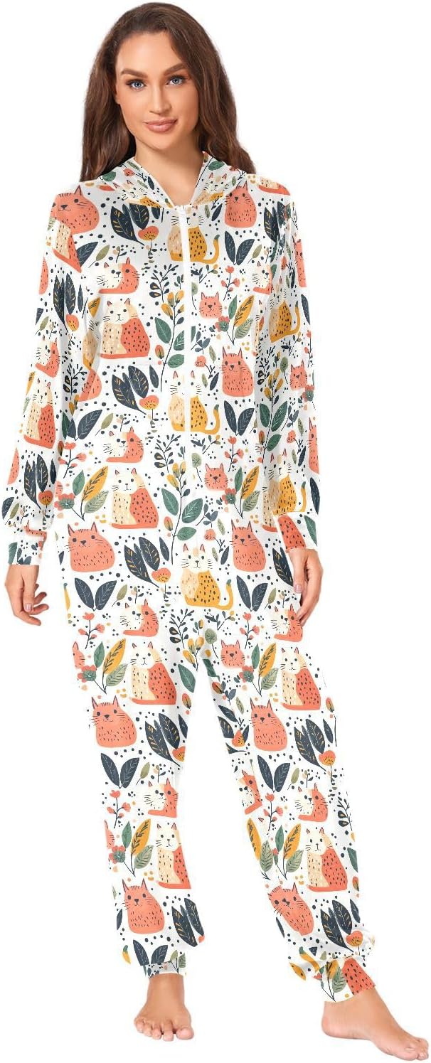 Animals Cute Cat Flowers Leave Zipper Hooded Adult Jumpsuit Pajamas with Pockets XS-3XL