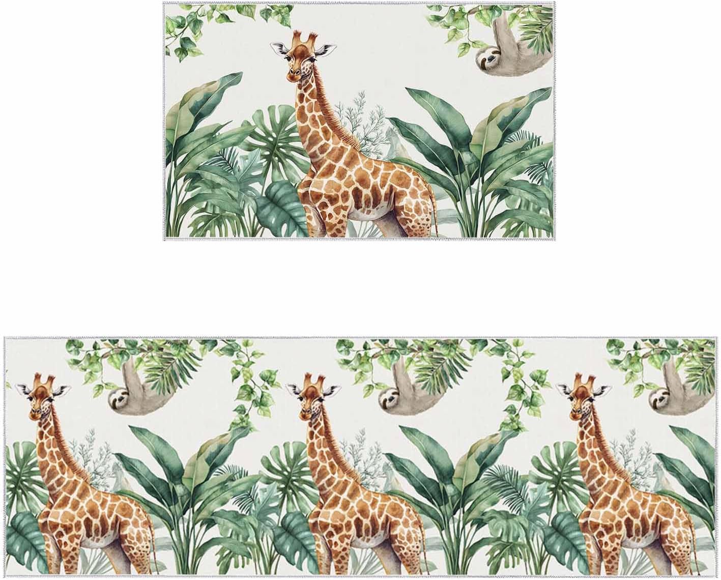2 Pieces Kitchen Rugs and Mats,Summer Giraffe Sloth Palm Leaf Area Runner Rug Set Non Slip Floor Doormat Washable Carpet Standing Mat for Kitchen Sink Indoor Corridor,Tropical Animal Plant Art