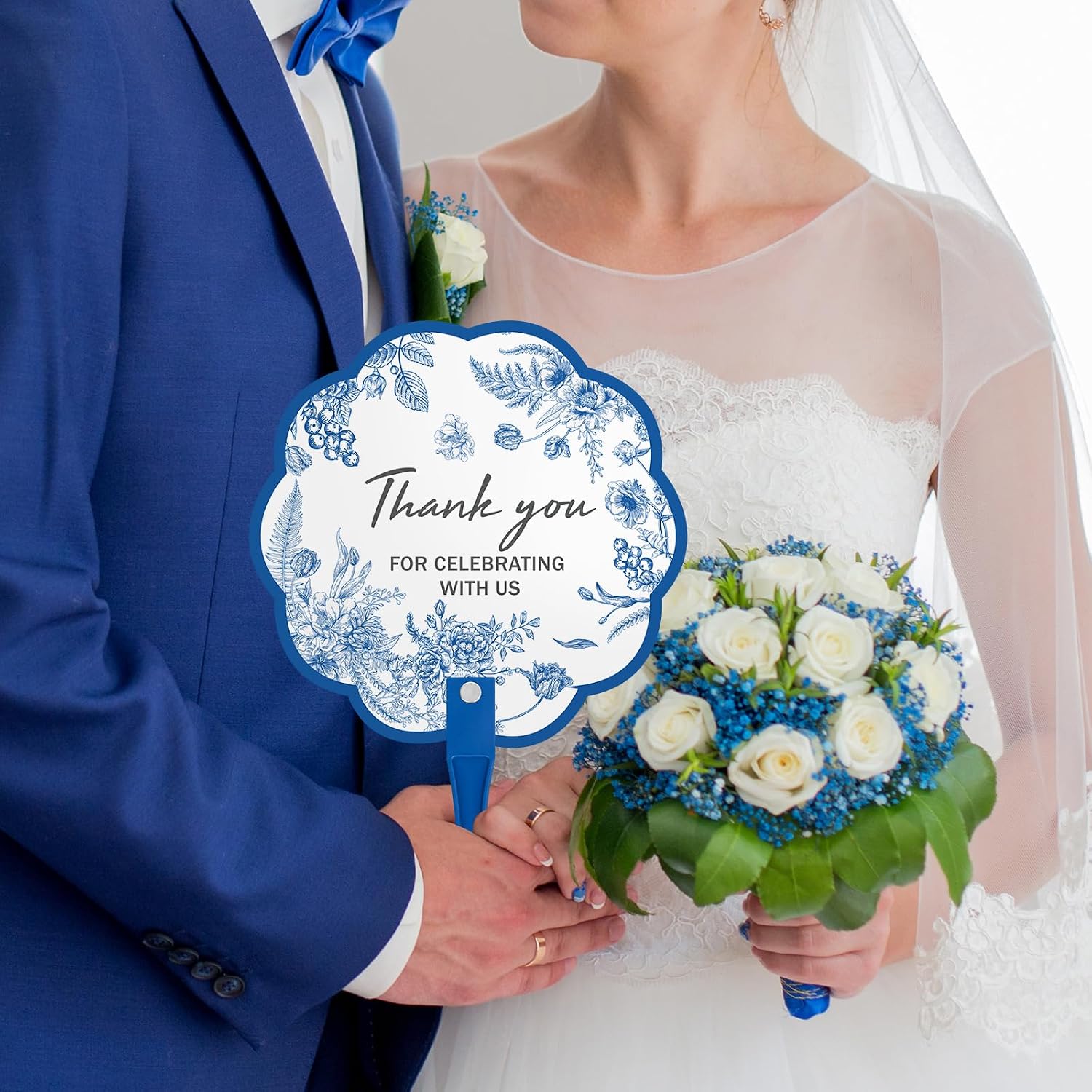 FYSUIMU 50Pcs Blue Floral Wedding Hand Plastic Fans Chinoiserie Blue Flower Thank You for Celebrating with Us Favor Fan Double Sided Flower Handheld Fan for Guests Wedding Ceremony Bridal Shower Party