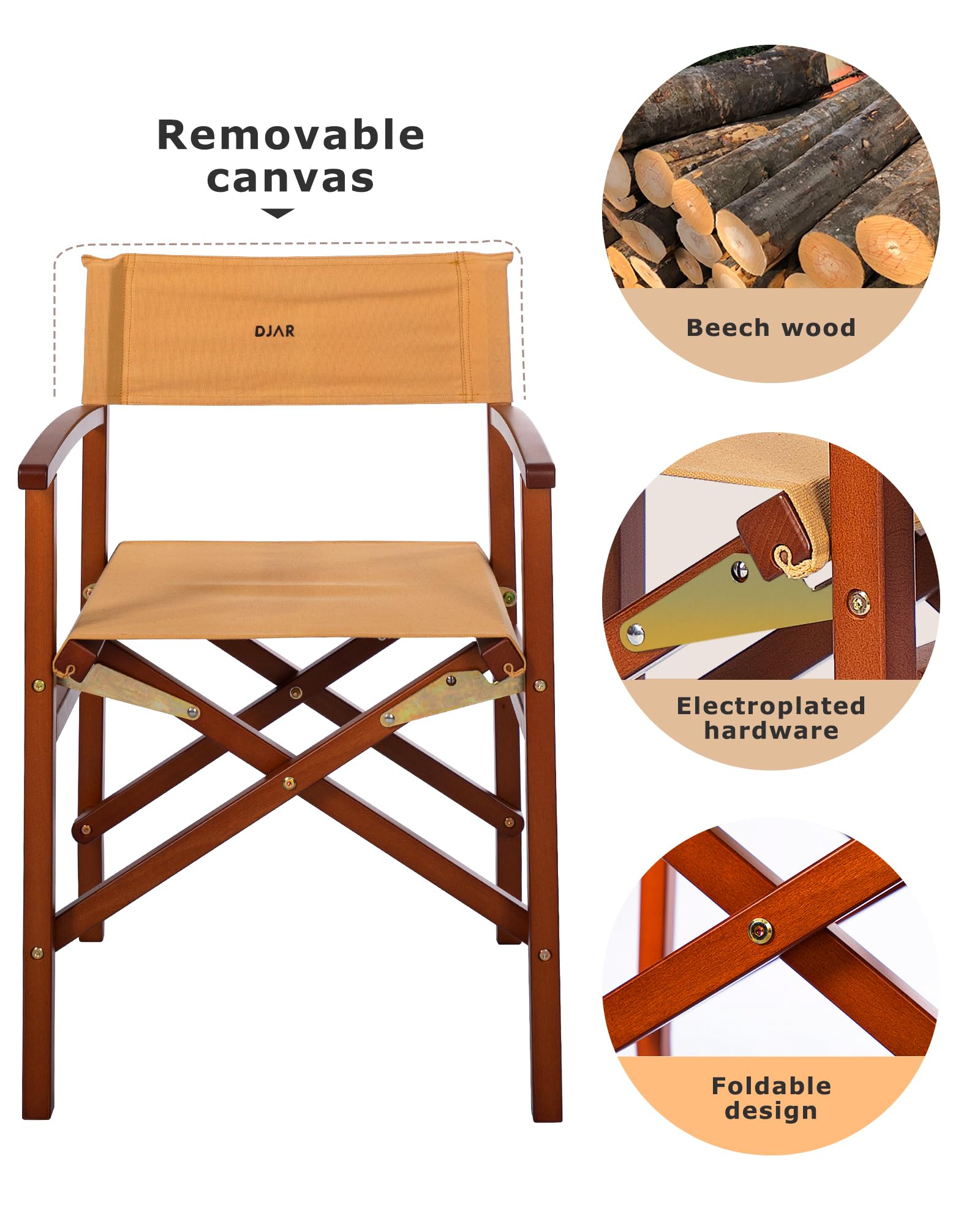 DJAR Silla de director plegable de madera con lona beige extraíble, silla portátil para exteriores, maquillaje y artistas, altura del asiento de 18 pulgadas, soporta 350 libras