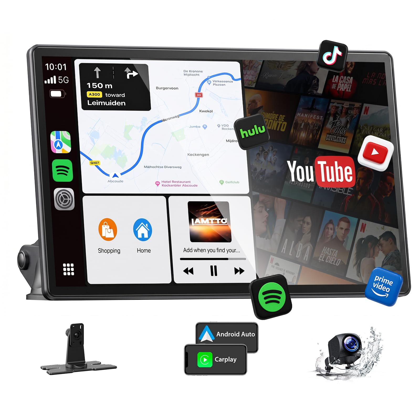 LAMTTO 11 Zoll Wireless CarPlay Display mit YouTube TikTok Video-Apps,Tragbares Autoradio für Apple CarPlay&Android Auto mit Rückfahrkamera/Navigation/In-Cell Touchscreen/Sprachassistent/OTA/Bluetooth