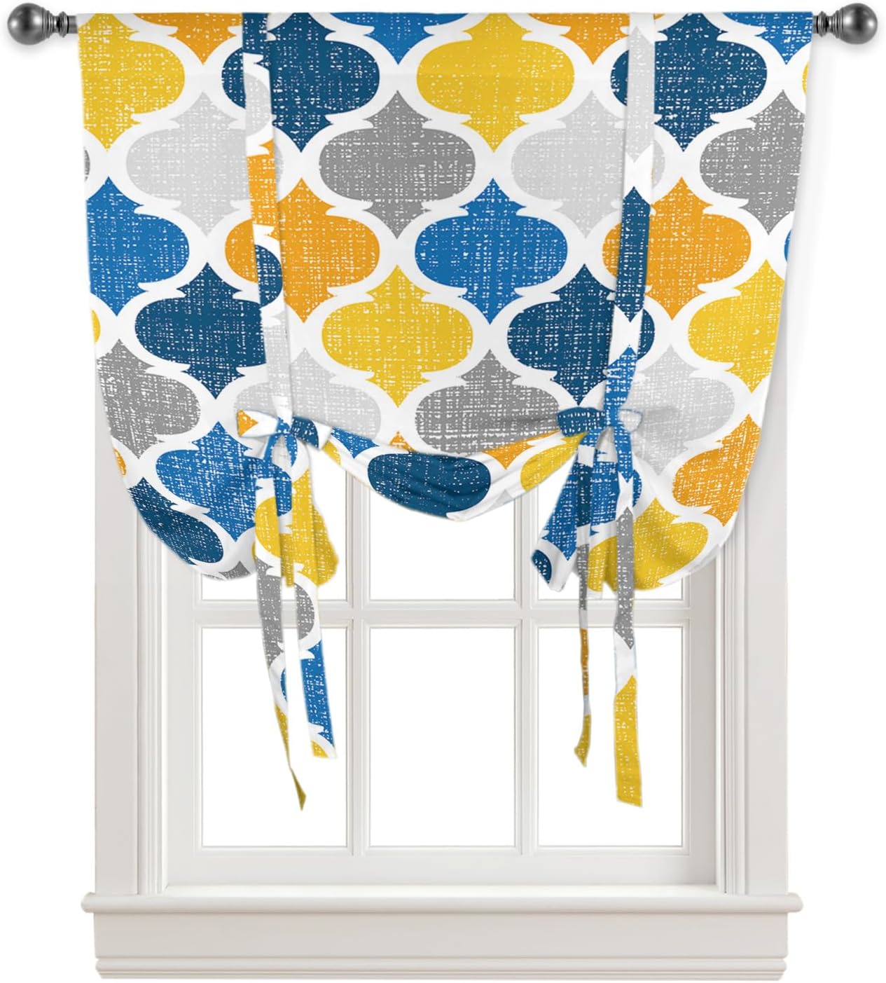 Vintage Tie Up Window Shade Curtain Moroccan Geometric Plaid Kitchen Adjustable Balloon Curtains Shades Drape 52x63In for Living Room/Bedroom/Cafe Windows Yellow Blue Gray Abstract Art