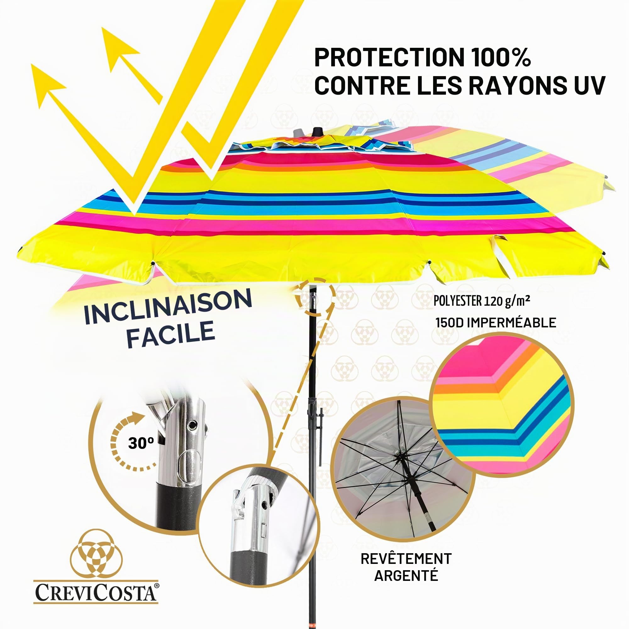 Parasol de plage modèle 200 cm avec spirale et poteau de parcours total. 8 baleines protection totale contre les rayons UV