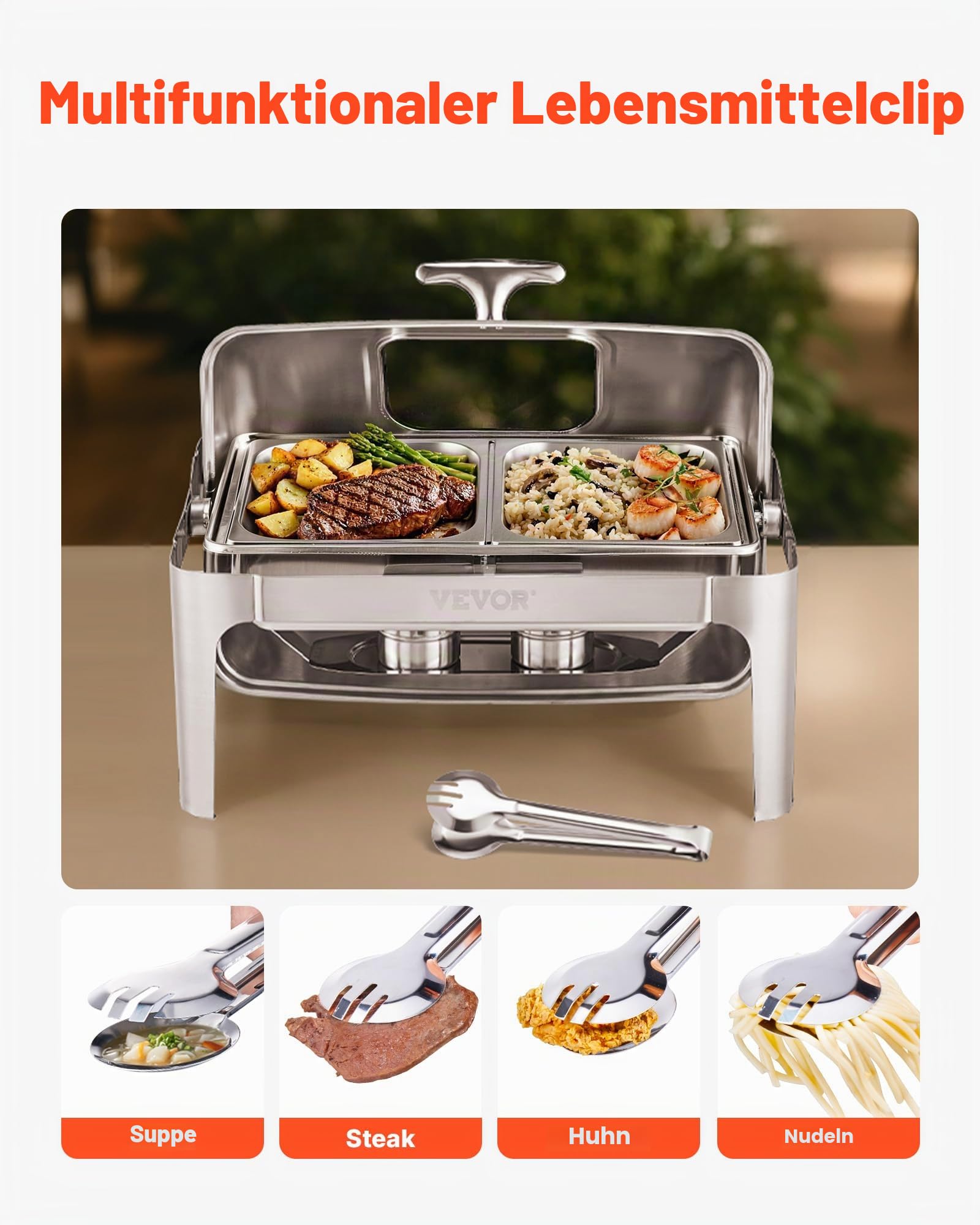 VEVOR Chafing Dish Set Speisenwärmer Edelstahl mit 2 Pfannen in halber Größe (3,9 L), rechteckiger Wärmespender mit sichtbarem Deckel & Wasserpfannenständer & Brennstoffhalter, für Partys Silber
