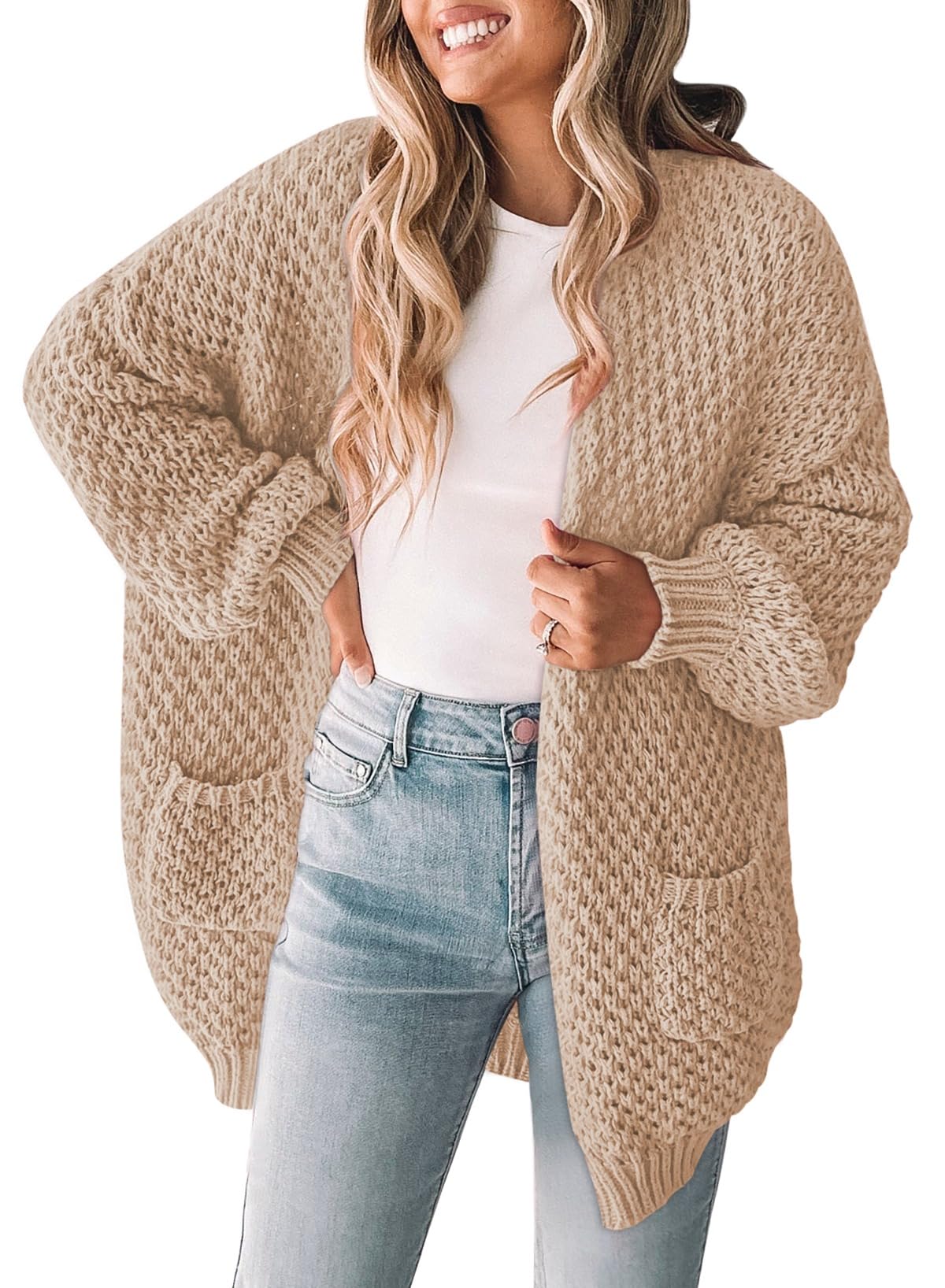 Pink Queen Women 2025 Fall Oversized Sweaters Cardigan Lantern Sleeve Chunky Knit Outwear Coats with Pockets