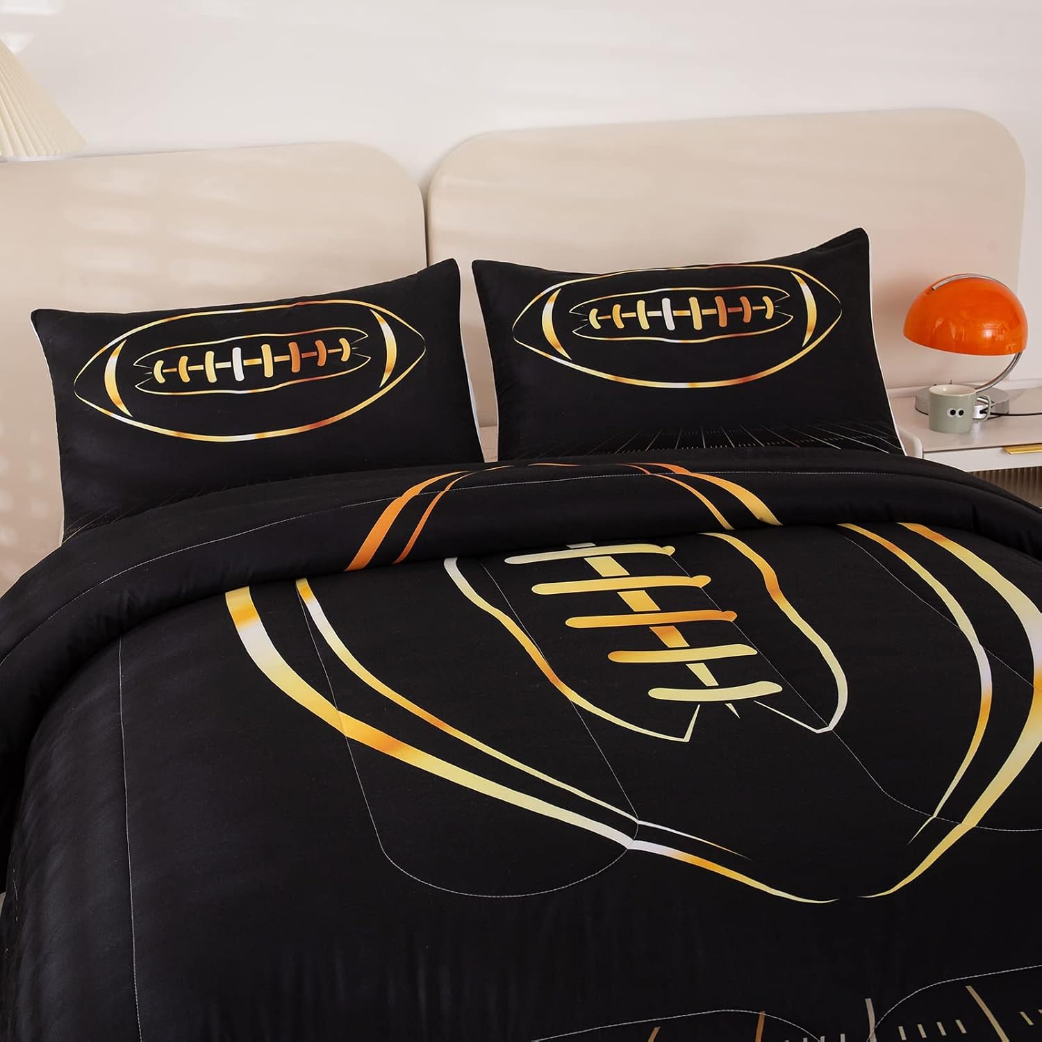 MWMWMW Boy Comforter Set Queen Size, Black and Gold Football Comforter Set, Sports Themed Bedding Set for Boys Girls, 3-Pieces Microfiber Comforter with 2 Matching Pillowcases, All-Season Use