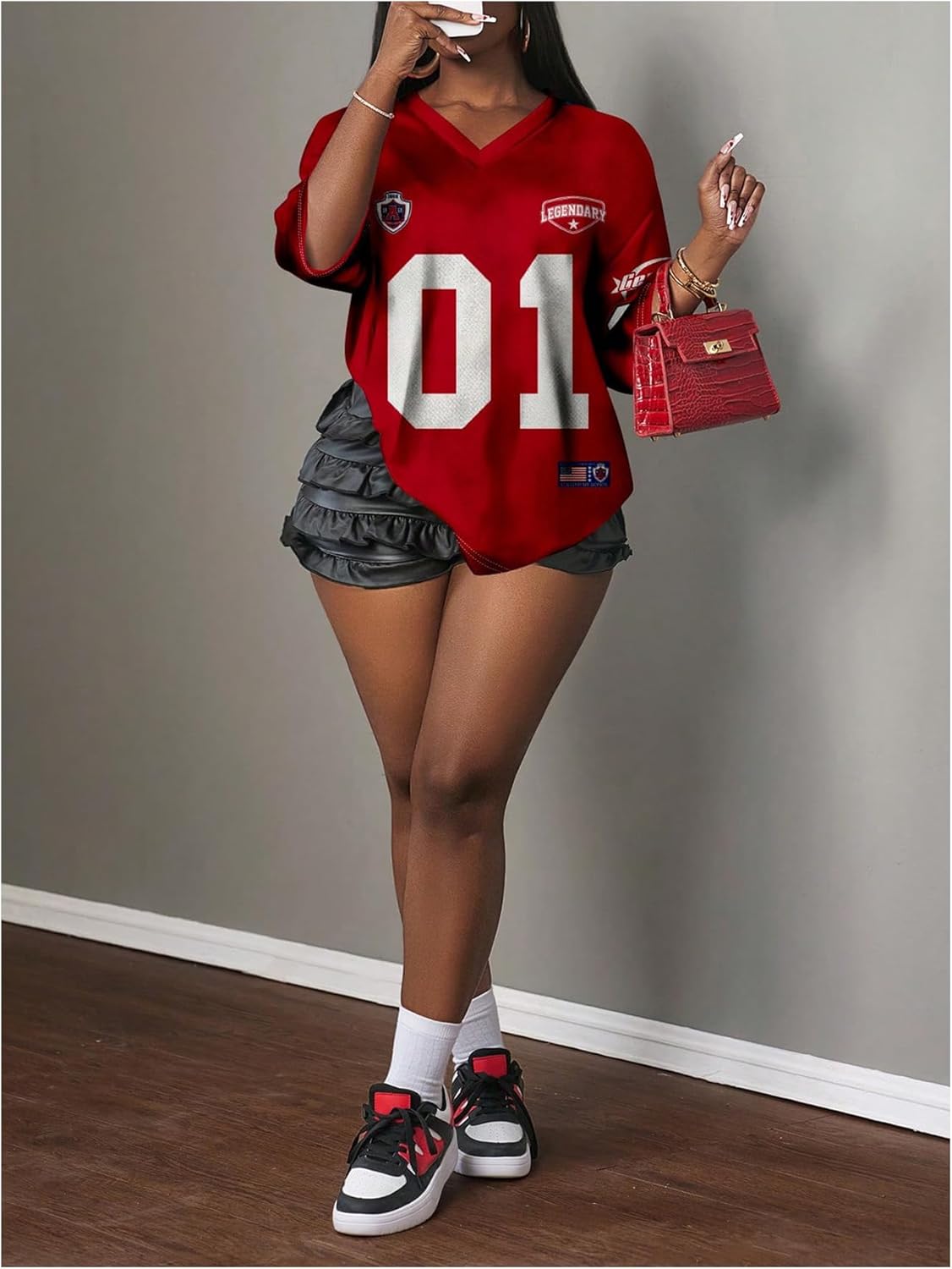 Women's Number Graphic Mesh Jersey Shirt V Neck 3/4 Sleeve Football Tee Tops Sportswear - Image 5