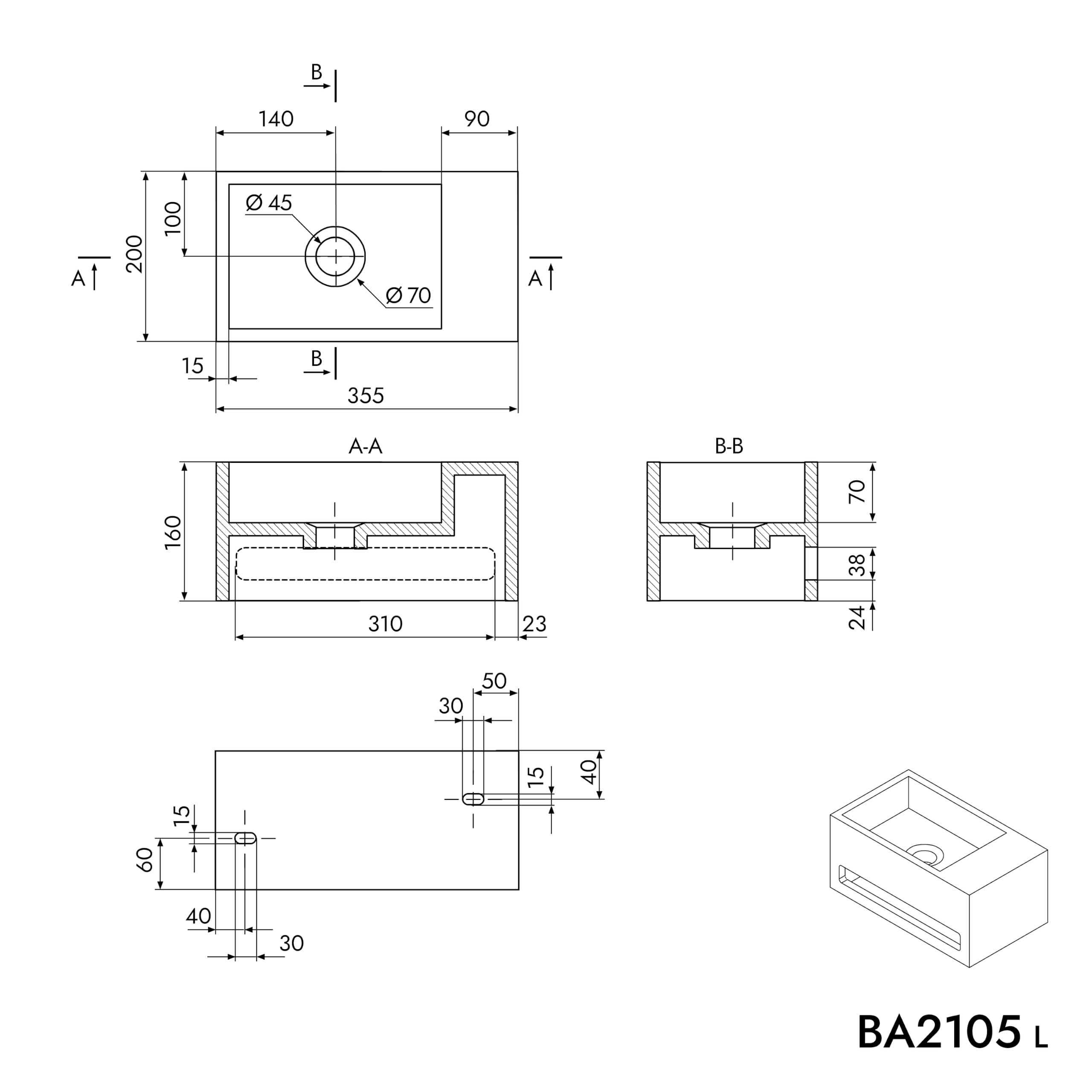 BERNSTEIN - Vasque Lavabo Rectangulaire suspendu Blanc mat 60x40x20cm Lave main mural fonte minérale + Porte-serviette & Bonde sans cache - Etagère à droite - Design, Robuste & Durable - TWG02