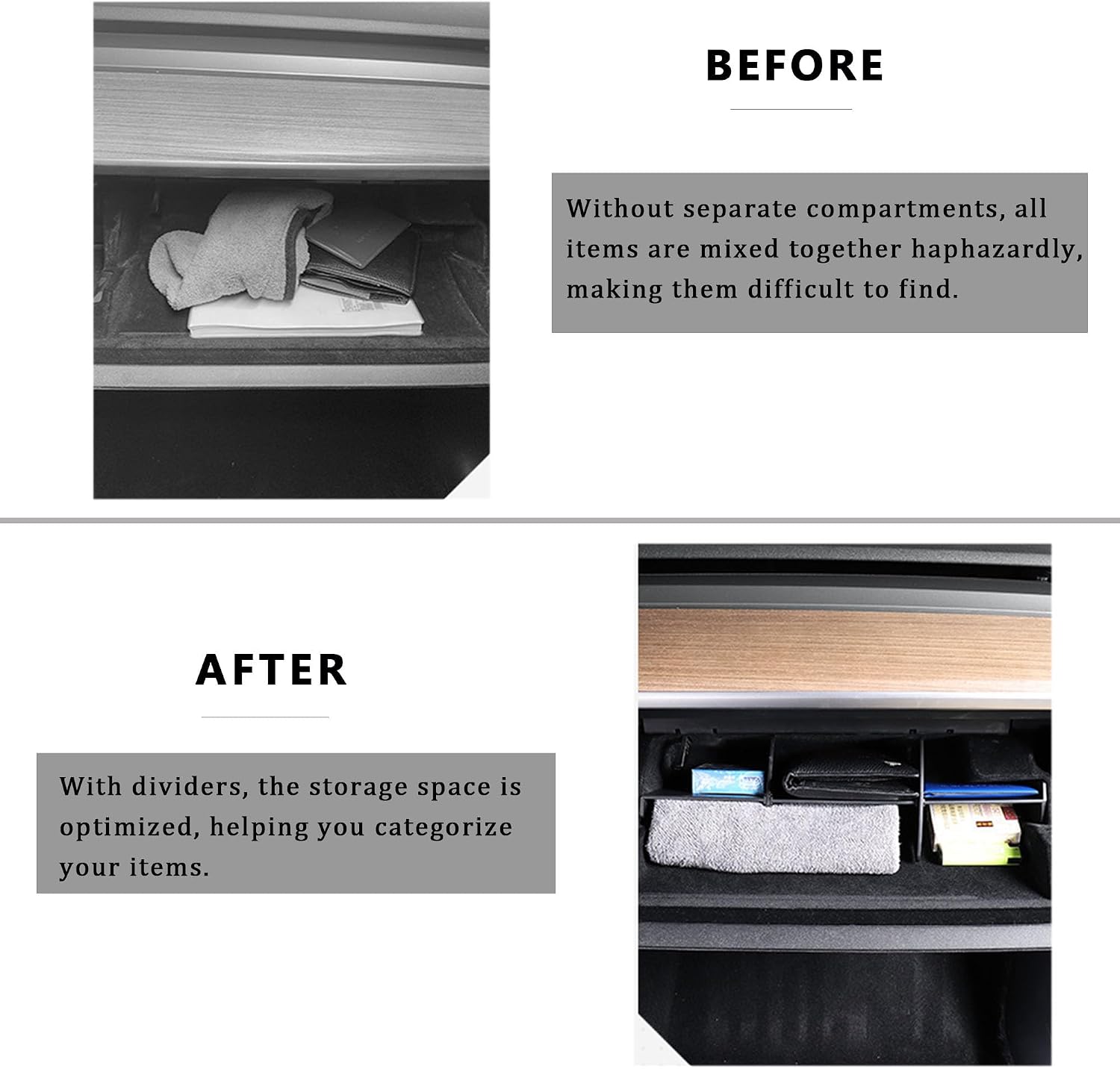 Glove Box Dividers Organizer for Model 3 Y 2021 2022 2023 2024 2025 Insert Storage Dividers Tool-Free Installation All-Weather Waterproof ABS Material Black