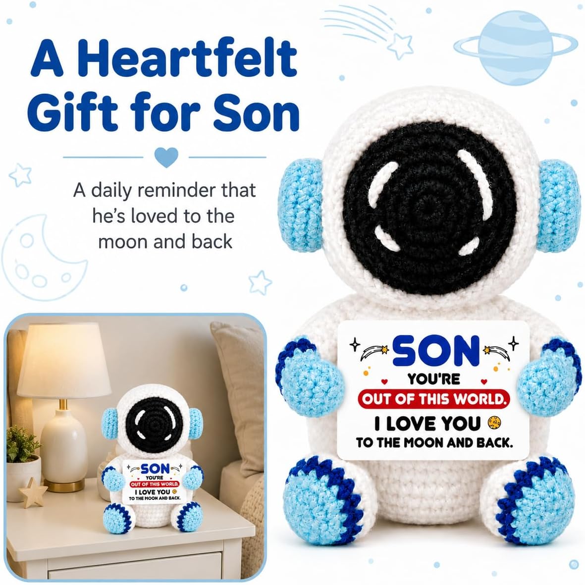 MY-ALVVAYS Crochet Astronaut Gift for Son, Crochet Space Gifts from Mom Dad, Birthday Graduation Gifts for Teen Boy Adult Son, l Love You Gift