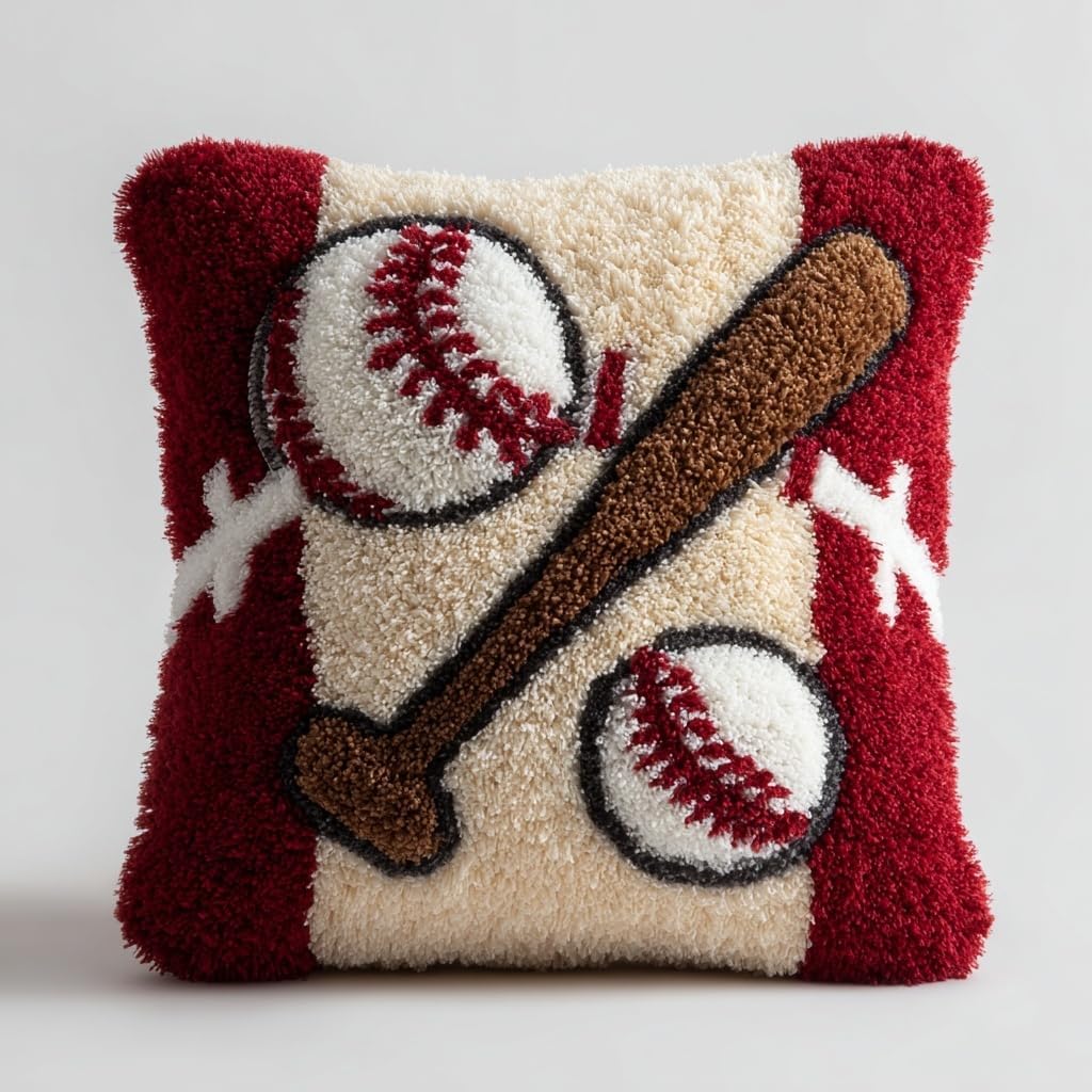 Latch Hook Pillow Kit Baseball with Pre-Printed Pillow Cover DIY Pillowcase Crochet Yarn Hooking Craft Set for Hobby and Home Decor 43x43cm-2