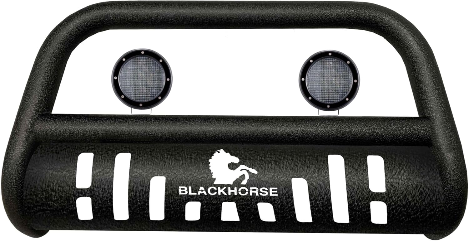 Black Horse Bull Bar-T Kit Textured Black Compatible with 2022-2025 Nissan Pathfinder|2022-2024 Infiniti QX60, Comes with a Set of 5.3" Black Round Flood LED Lights
