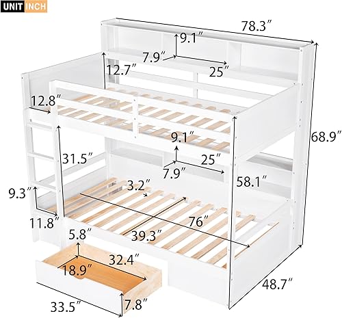 Miniatura 2 de Litera individual sobre individual con cajón de almacenamiento y estantes marco de litera de madera con estantería para niños niñas adolescentes