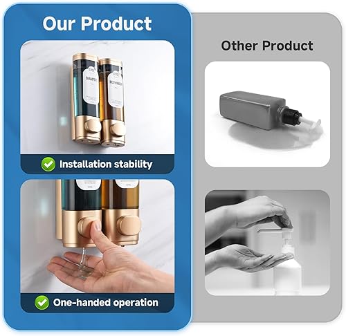 Miniatura 5 de Dispensador de champú y acondicionador, dispensadores de jabón de ducha recargables, 2 cámaras, sin taladro, dispensador de champú para ducha
