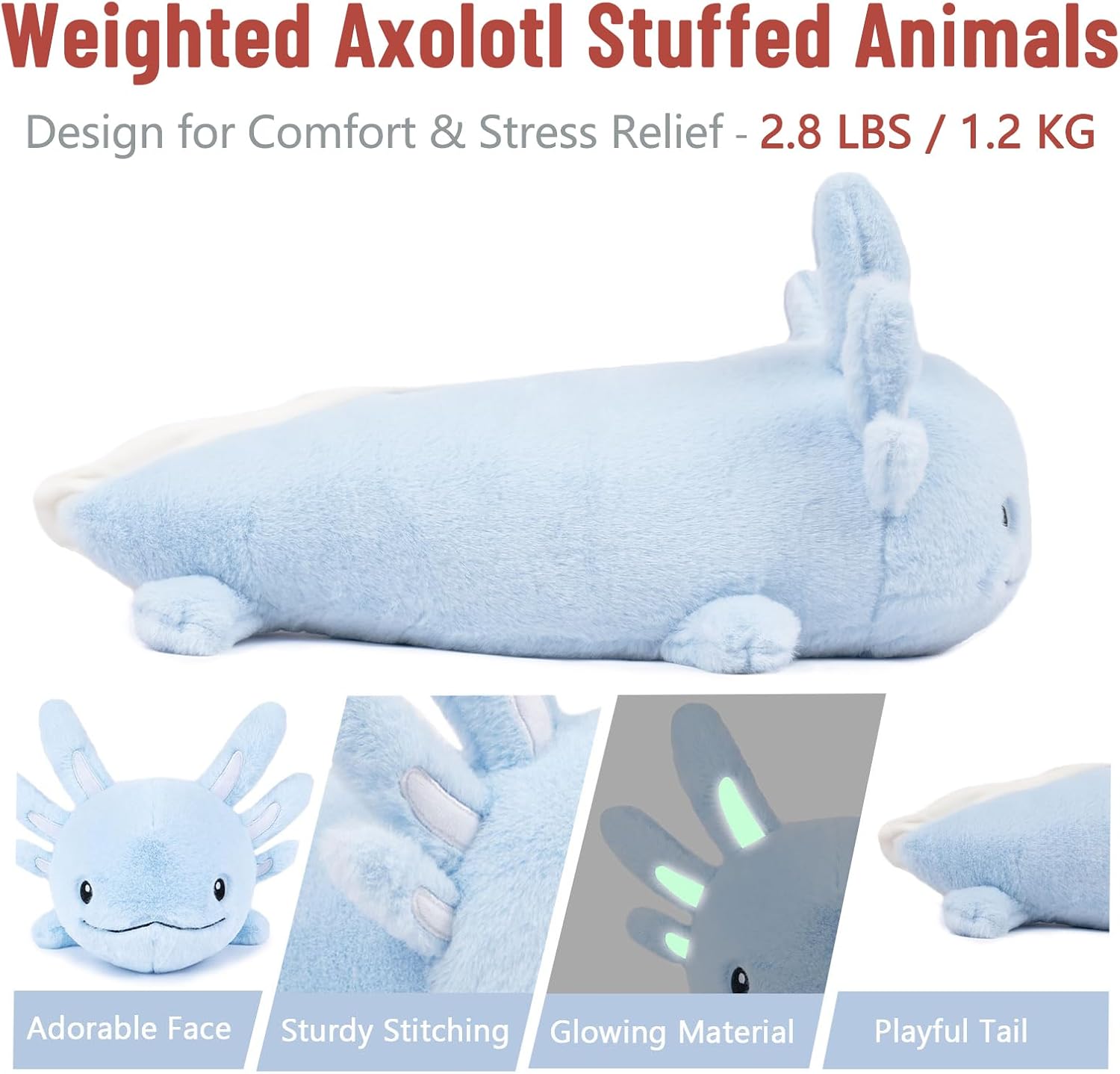 Niuniu Daddy 18" | 2.8 Pound Blue Axolotl Weighted Stuffed Animals for Kids Adults Girls, Giant Cute Axolotl Stuffy Plush Toy with Glowing Ears in The Dark, Kawaii Gifts for Holidays Christmas - Image 9