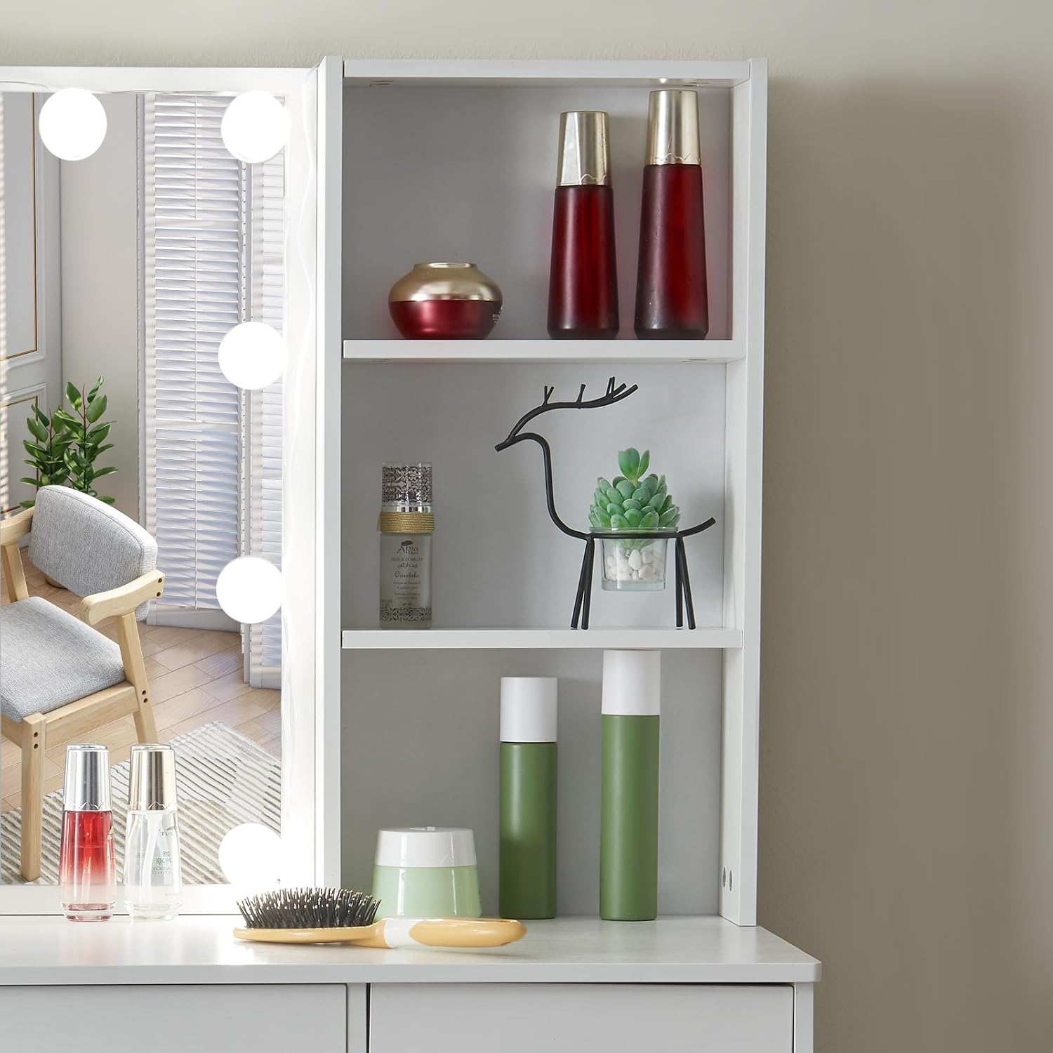 明るさ調節可能、3色温度のモダンなLED化粧台、ミラー付き大型ドレッシングテーブル、引き出し3つ、棚4つ、娘用に最適な化粧台、40x