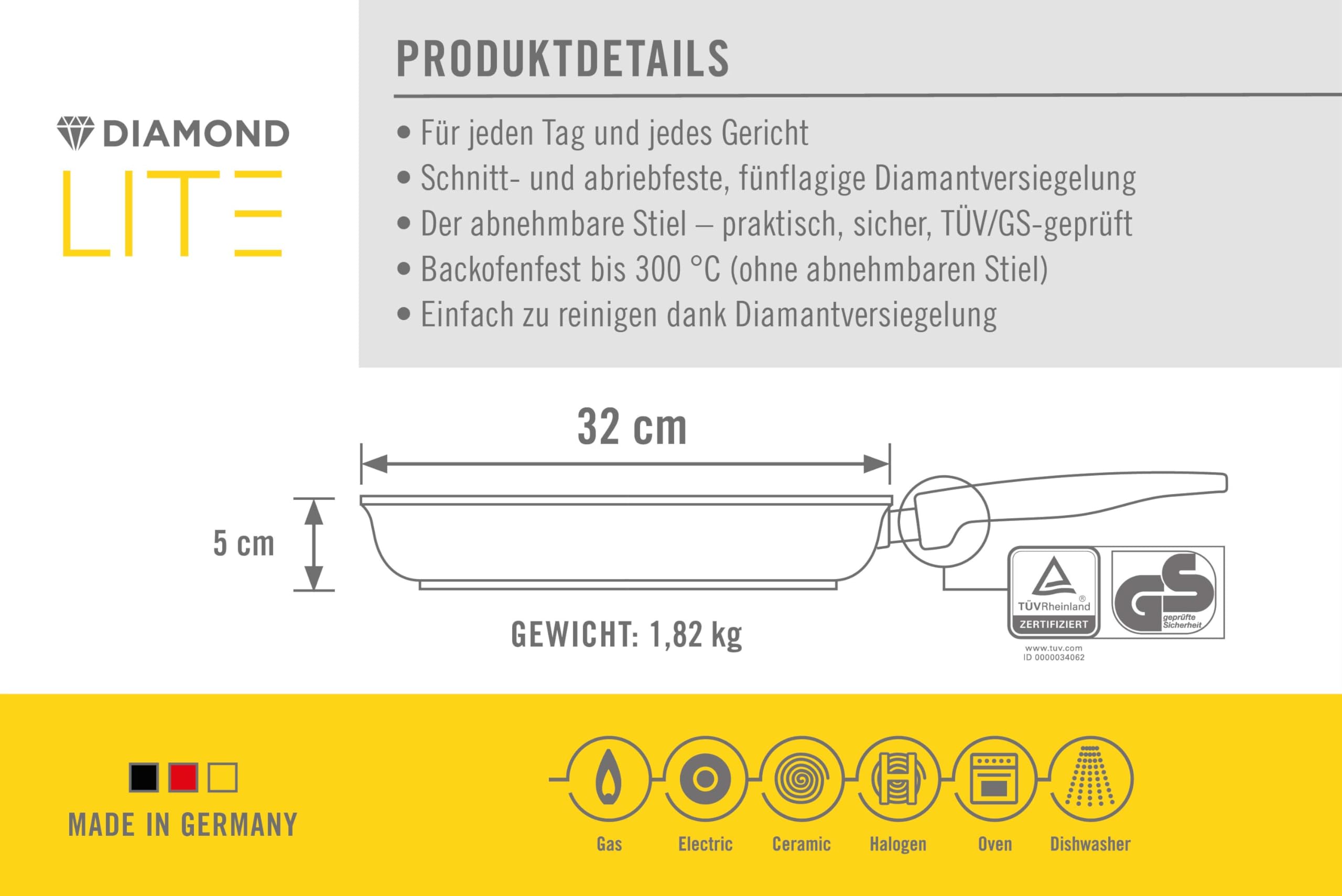 Woll – Diamond Lite Flachpfanne Ø 32 cm mit abnehmbarem Stiel – Antihaftpfanne aus Aluminiumguss, backofenfest, geeignet für Ceran, Gas, Elektro & Halogen – Bratpfanne
