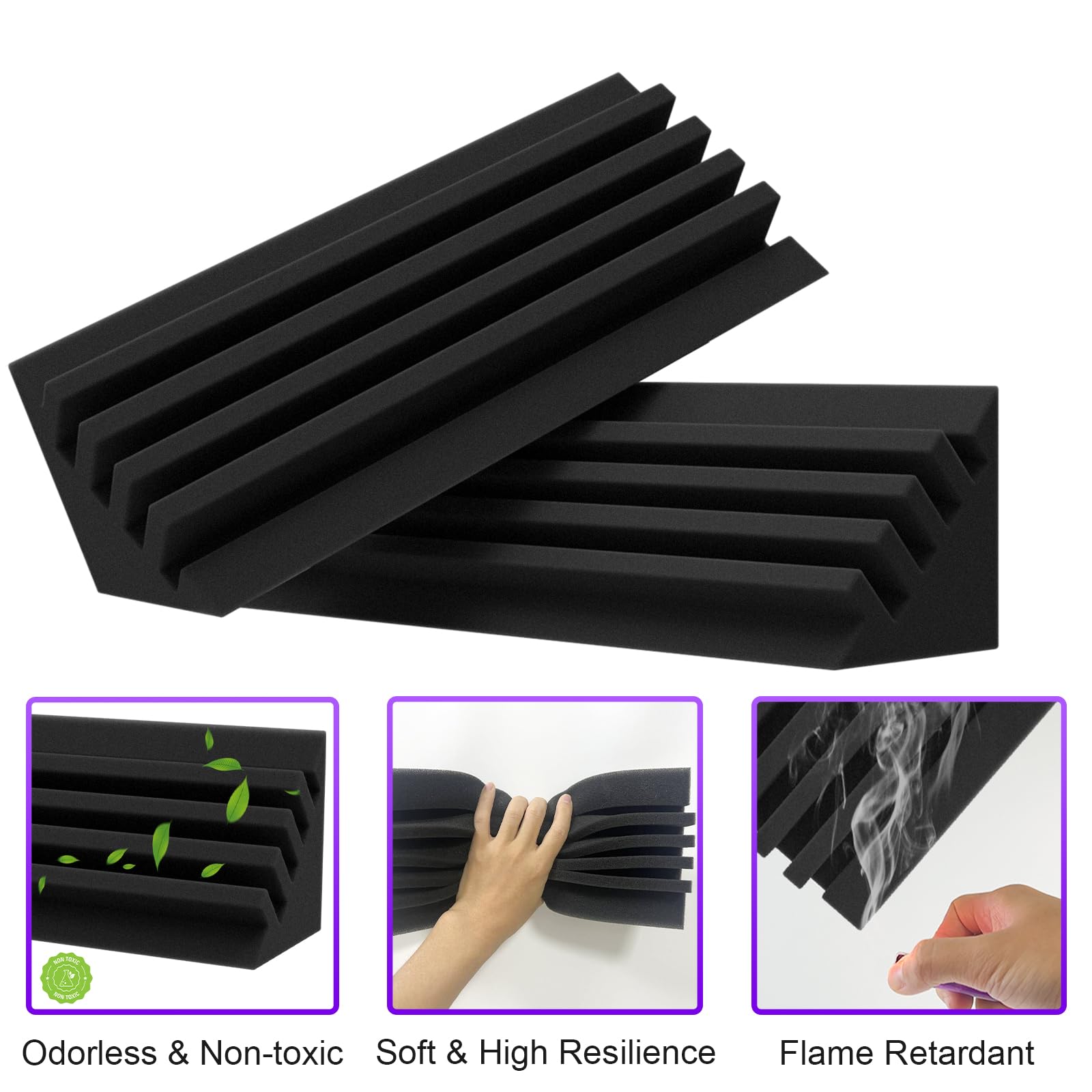 BXI Trampas de graves – 24 piezas de 10 x 10 x 30 cm densas esquinas de espuma de estudio, panel de tratamiento acústico absorbente reverberación eco, absorción de sonido de baja frecuencia para sala