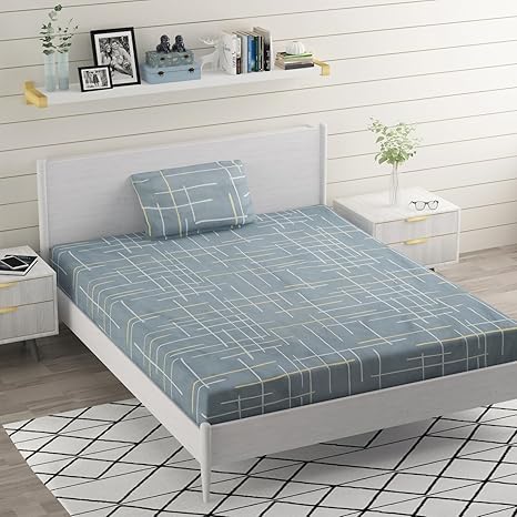 BELVOSTUM 220 TC Chekered Microfiber Single Bed Sheet with One Pillow Cover (90x60) (Light Grey)