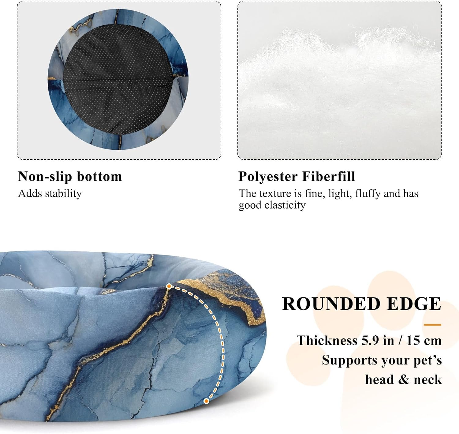 Marble Royal Blue Gray Pet Dog Bed Calming Anti Anxiety Cat Pillow Bed for Small Size Pets Sleeping M