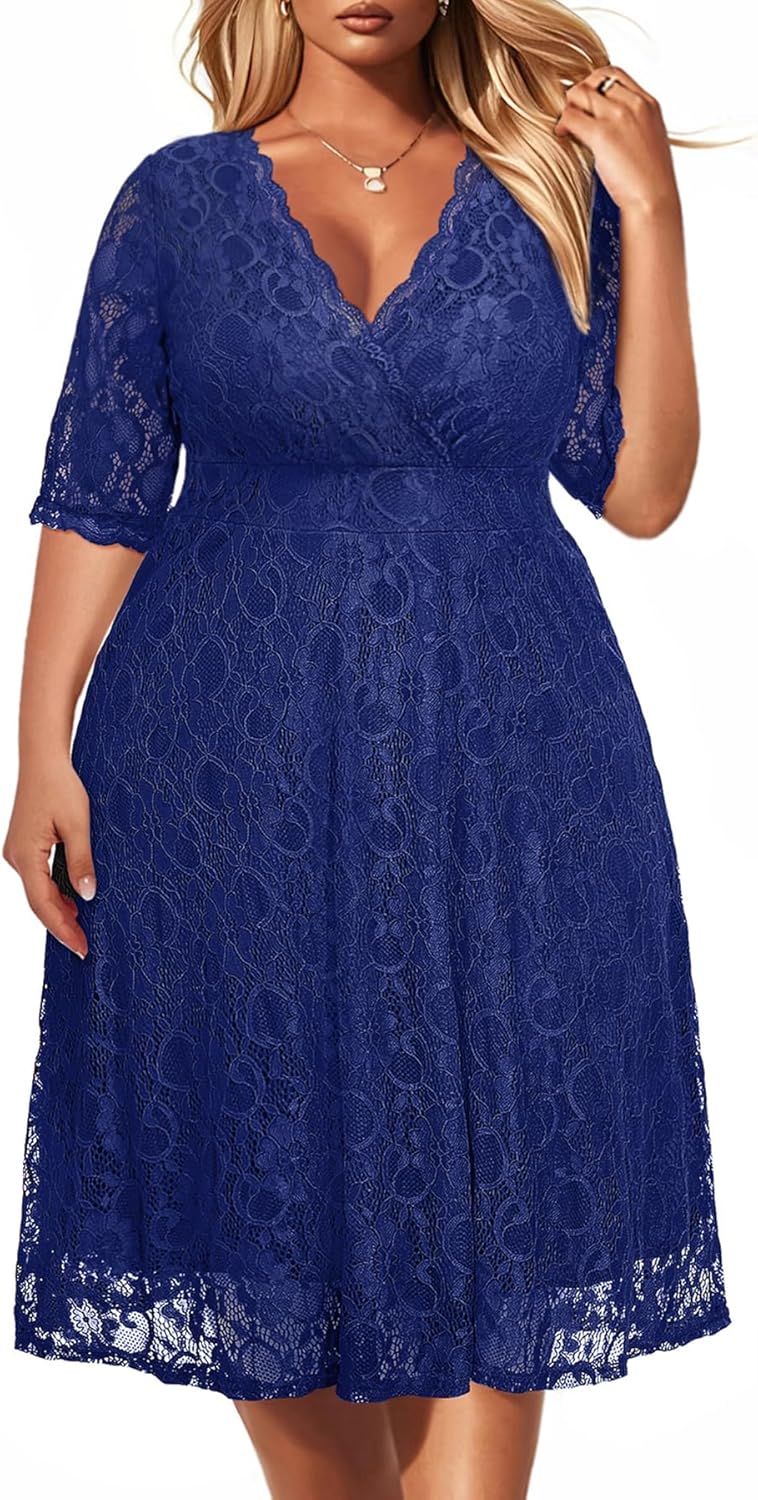 Women's Plus Size Wedding Guest Cocktail Party Semi Formal Lace Wrap V Neck Knee Length Dress