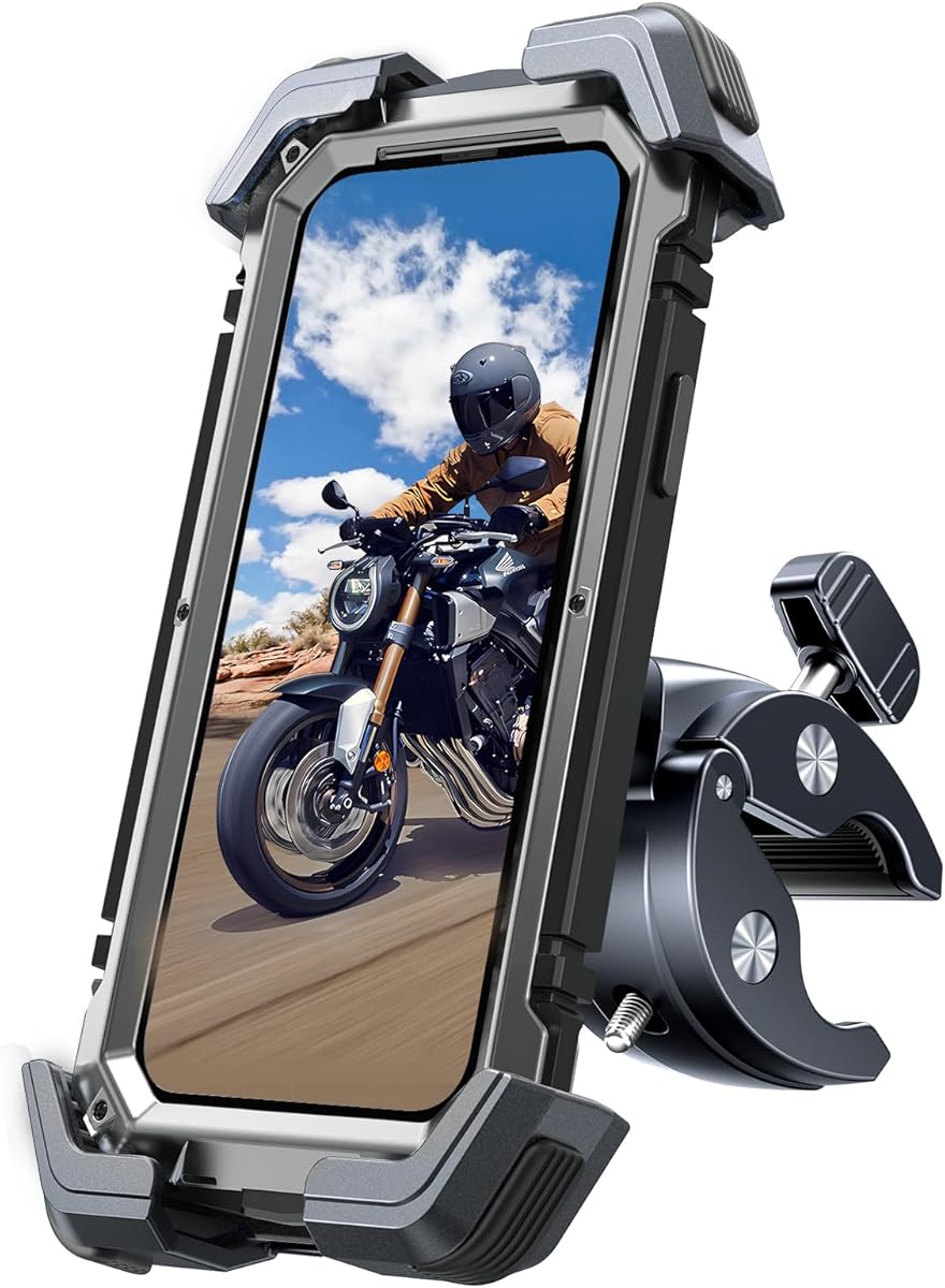 Motorcycle Phone Mount Holder, [Ultra-Stable][7 inch Phone Friendly] Bike Holder Handlebar Cell Clamp Harley Accessories for iPhone 16 15 14, 4-7" Smartphones