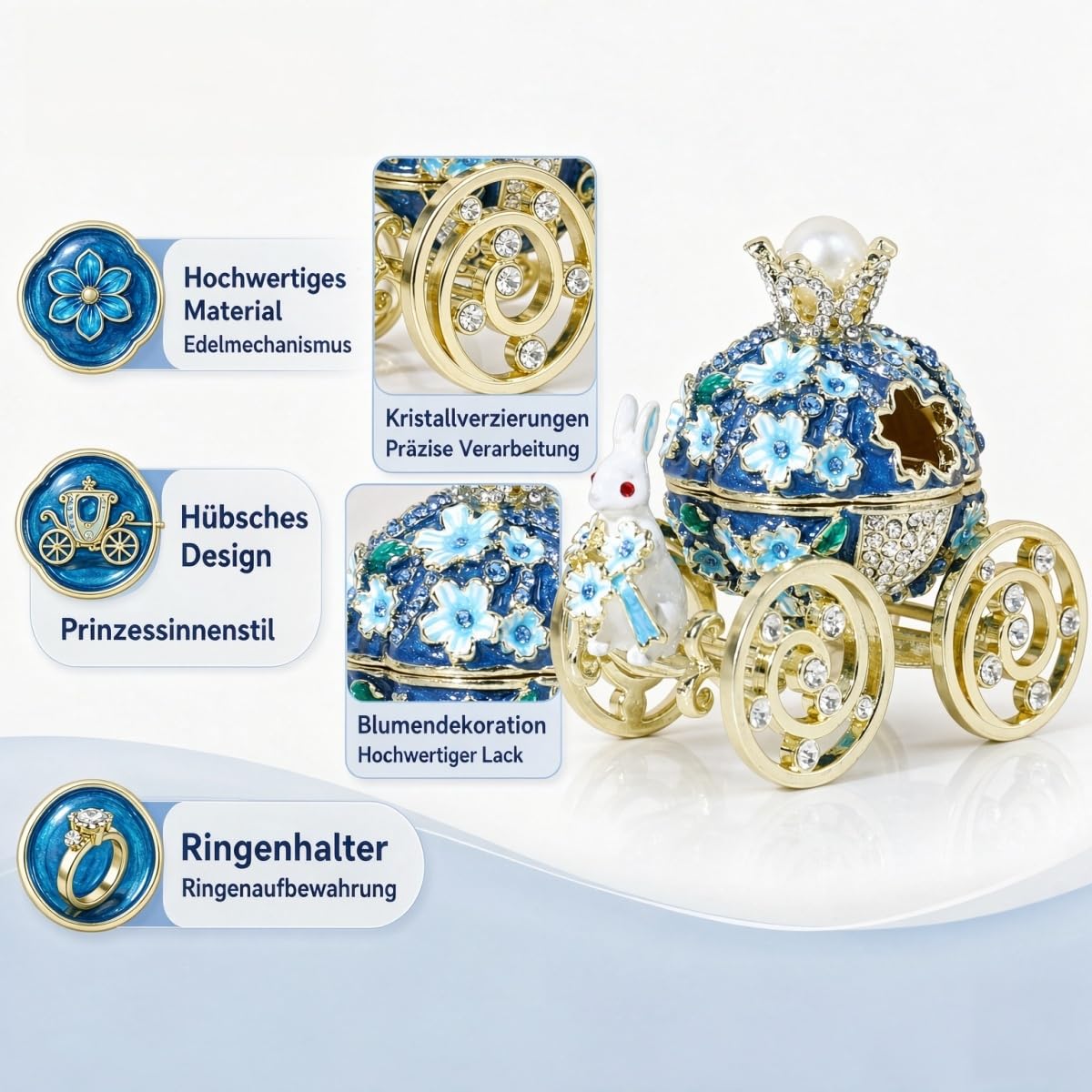 Kaninchen Kürbiskutsche Ringbox Emaille Blaue Kirschblüte (dunkelblau)