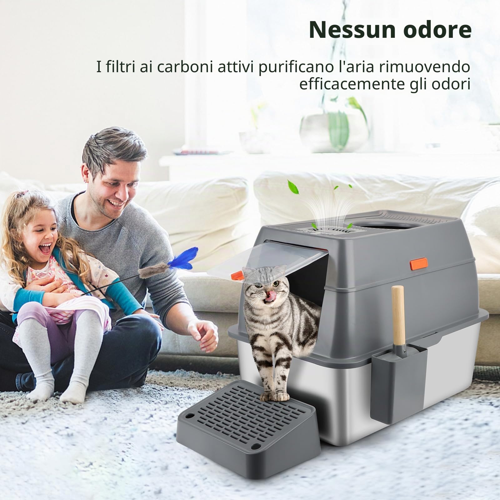 Lettiera per gatti in acciaio inossidabile con coperchio, lettiera in metallo con lato alto rimovibile, con setaccio, paletta, anti-perdite, antiaderente, facile da pulire (grigio scuro)