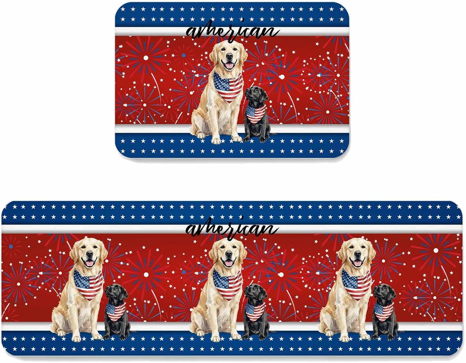 Prime Leader Independence Day Kitchen Mat Set 2 Pieces Black Labrador Cute Golden Retriever White Star Non Slip Kitchen Rugs Washable Runner Rug Mats for Sink Laundry (19.7" x 31.5"+19.7" x 63")