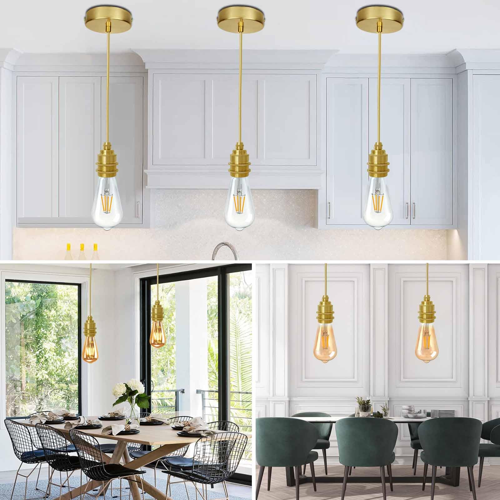 3 Stücke Gold Lampenaufhängung, E27 Metall Retro Lampenfassung Pendelleuchte 120cm Textilkabel Höhenverstellbar Vintage Hängeleuchte, DIY Hängelampe für Küche Wohnzimmer Esszimmer (Ohne Glühbirne)