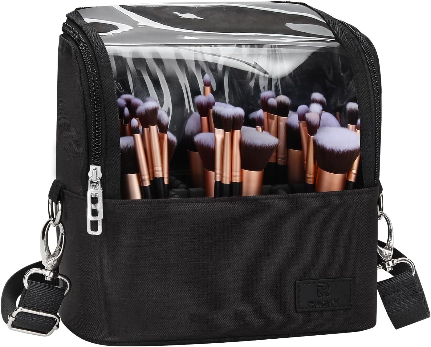 Makeup Brush Case Stand-up Makeup Cup Makeup Brush Holder Travel Professional Cosmetic Bag Artist Storage Bag with Shoulder Strap and Adjustable Divider (large black)
