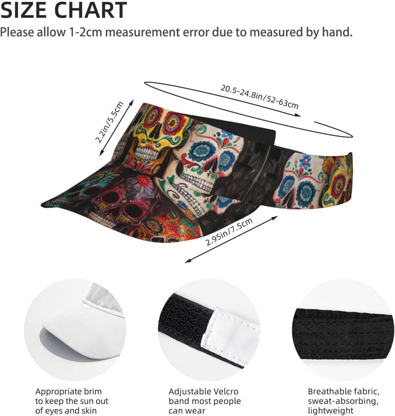 Sugar Skulls Print Sports Sun Visor Hats Adjustable Running Golf Tennis Sun Cap for Women Men Black