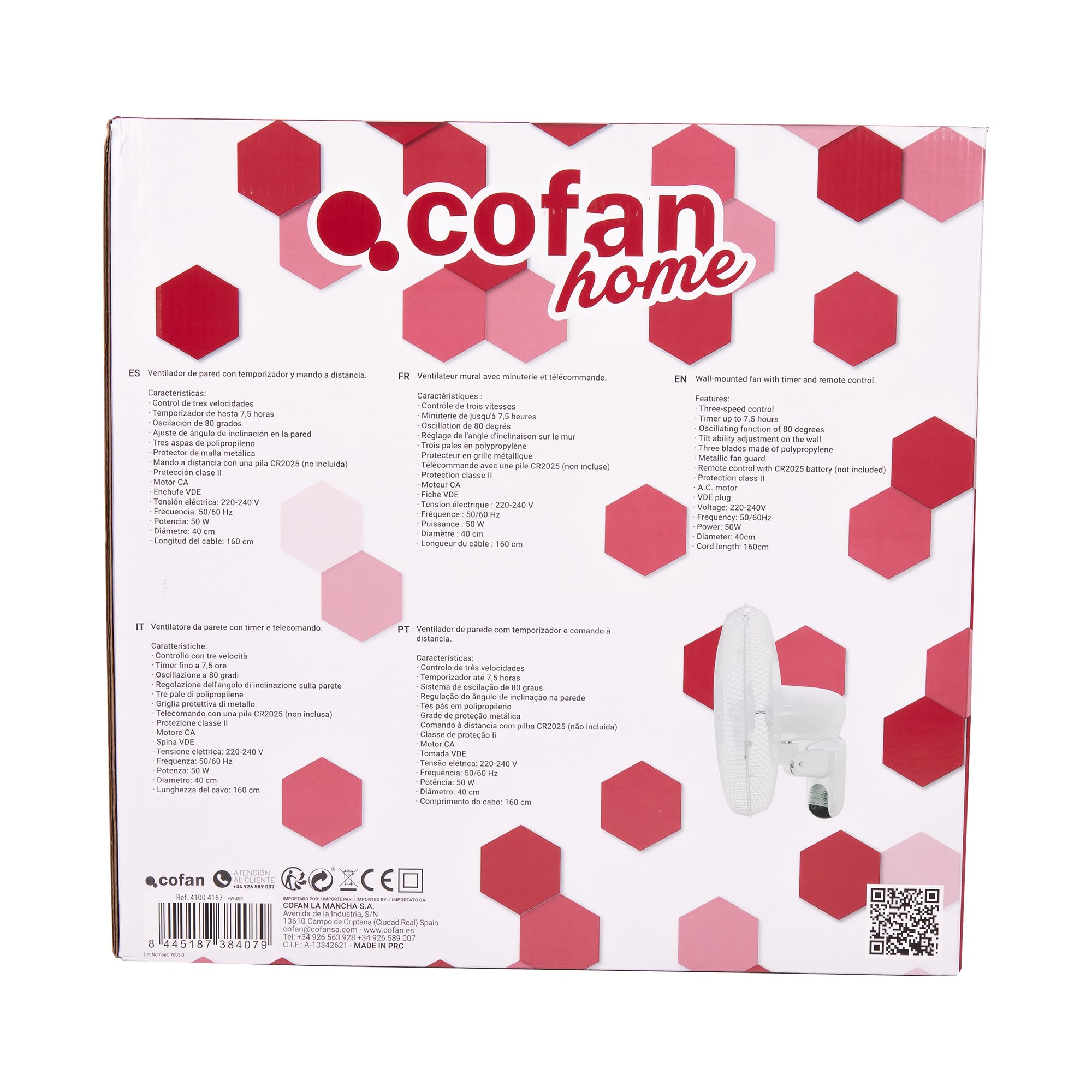 Cofan Wandventilator mit Timer und Fernbedienung | Leistung 50 W | mit drei Geschwindigkeitsstufen | Weiß